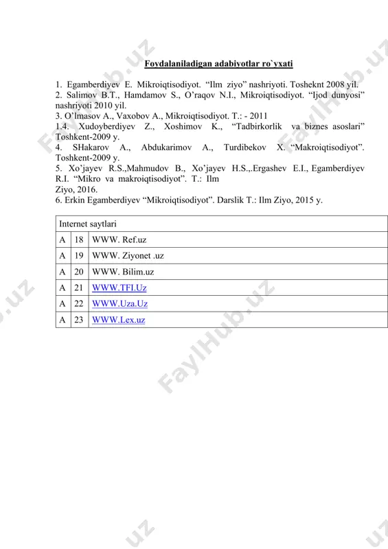 asi y,z o‘ harflari bilan boshlanadigan o‘quvchilar) 1.bozor iqtisodiyoti tizimining mazmuni. 2.bozor iqtisodiyotining afzalliklari va kamchiliklari. 3 bozor tushunchasi, turlari va uning tuzilishi. mustaqil ish № 10 (familiyasi g’,sh,ch harflari bilan boshlanadigan o‘quvchilar) 1. pulning kelib chiqishi, mohiyati va vazifalari 2. ishlab chiqarish va uni tashkil etish asoslari, ishlab chiqarish omillar 3. ijtimoiy-iqtisodiy tizimlar va ularning modellari. foydalaniladigan adabiyotlar ro`yxati 1n. gregory mankiw. essentials of economics. 9th edition. cengage learning; 9-edition (2021). isbn-13: 978-21337091992 (ushbu kitob pdf shaklda tdiu arm da mavjud). 2. shodmonov sh. iqtisodiyot nazariyasi. darslik. – t.:iqtisodiyot, 2021.756 bet. (ushbu darslik bosma va pdf shaklda tdiu arm da mavjud). 3. shodmonov sh. i dr. эkonomicheskая teoriя. uchebnik. t.: iktisod-moliя, 2021. 44,5 b.t. (ushbu darslik bosma va pdf shaklda tdiu arm da mavjud). 4. b.d. xajiyev, k.k. mambetjanov. ekonomicheskaya teoriya. uchebnik. - t.: «iqtisodiyot», 2019. - 552. str. (ushbu darslik bosma va pdf shaklda tdiu arm da mavjud). …