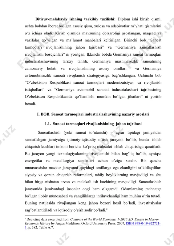 ar tipidagi jamiyatdan sanoatlahgan jamiyatga ijtimoiy-iqtisodiy o’tish jarayoni bo’lib, bunda ishlab chiqarish kuchlari imkoni boricha ko’proq mahsulot ishlab chiqarishga qaratiladi. bu jarayon yangi texnologiyalarning rivojlanishi bilan bog’liq bo’lib, ayniqsa energetika va metallurgiya sanoatlari uchun o’ziga xosdir. bir qancha mutaxassislar mazkur jarayonni quyidagi omillarga ega ekanligini ta’kidlaydilar: siyosiy va qonun chiqarish reformalari, tabiiy boyliklarning mavjudligi va shu bilan birga nisbatan arzon va malakali ish kuchining mavjudligi. sanoatlashish jarayonida jamiyatdagi insonlar ongi ham o’zgaradi. odamlarning mehnatga bo’lgan ijobiy munosabati va yangiliklarga intiluvchanligi ham muhim o’rin tutadi. buning natijasida rivojlangan keng jahon bozori hosil bo’ladi, investitsiyalar rag’batlantiriladi va iqtisodiy o’sish sodir bo’ladi.[footnoteref:2] [2: depicting data excerpted from contours of the world economy, 1-2030 ad. essays in macro-economic history by angus maddison, oxford university press, 2007, isbn 978-0-19-922721-1, p. 382, table a.7.] sanoatlashish muddatlari va o’tish davrlari turli davlatlarda turlicha bo’ladi. sanoatlashish sodir bo’lgan dunyodagi birinchi davlat bu buyuk britaniyadir (xix asr o’rtalari). fransiya …