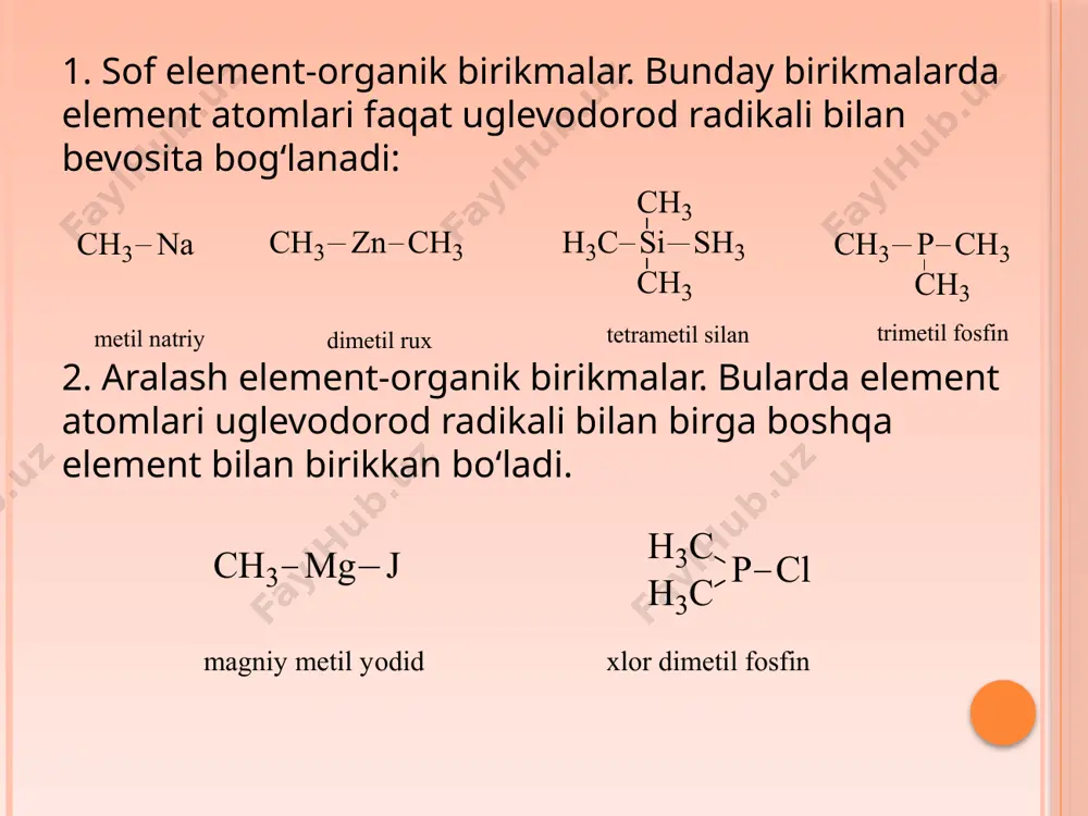 mli, yonmaydi, sovuqda qotmaydi, suvni shimmaydi, organik erituvchilarda erimaydi, agressiv suyuqliklar ta’siriga barqaror birikmalardir. kremniy-organik birikmalarning silatranlar sinfi keng doirali, o‘ziga xos biologik faollikka egaligi bilan qishloq xo‘jaligida katta ahamiyatga ega. fosfor va mishyak davriy sistemaning beshinchi gruppa elementlari bo‘lib, azot analoglaridir. bu elementlarning organik hosilalari o‘rtasida ham qisman o‘xshashlik kuzatiladi. bu ayniqsa ularning tuzilishlari o‘xshashligida namoyon bo‘ladi. kimyoviy xossalari jihatidan o‘xshashligi shundaki, fosfinlar asos xossasiga ega, ular aminlar kabi kislotalar bilan tuz hosil qiladi: fosfor va mishyakli organik birikmalar birlamchi va ikkilamchi fosfinlar oksidlanib, tegishli alkil va dialkil fosfin kislotalarni hosil qiladi. a. e. arbuzov birinchi marta uchlamchi alkilfosfatga galoid alkil ta’sir ettirib, alkilfosfin kislota efirini sintez qildi (arbuzov reaksiyasi). mishyak ham xuddi fosfor kabi tuzilishga ega birikmalar hosil qiladi. fosfor va mishyakning organik birikmalari orasida kuchli biologik faol moddalar topilgan. masalan: stovarsol — uyqu kasalligini davolashda ishlatiladigan preparatdir. etiboringiz uchun rahmat ! image2.wmf oleobject1.bin image3.wmf image4.wmf oleobject2.bin oleobject3.bin …