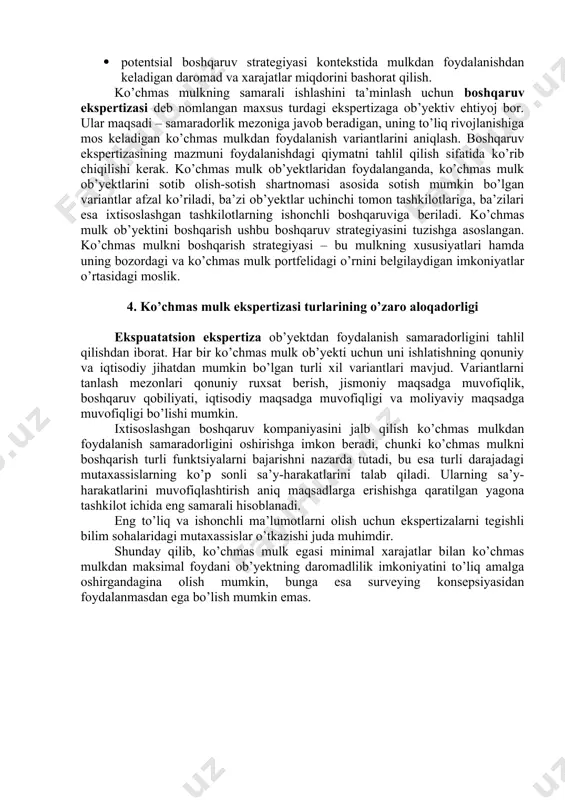 kologik ekspertizasi sohasidagi maxsus vakolatli davlat organi o’zbekiston respublikasi ekologiya va atrof-muhitni muhofaza qilish davlat qo’mitasi hisoblanadi. jamoat ekologik ekspertizasi ekologik asoslanishi taqozo etiladigan har qanday faoliyat sohasida nodavlat notijorat tashkilotlarining va fuqarolarning tashabbusi bilan amalga oshirilishi mumkin. jamoat ekologik ekspertizasini amalga oshirishga to’sqinlik qilish taqiqlanadi. jamoat ekologik ekspertizasi davlat ekologik ekspertizasi o’tkazilishidan qati nazar amalga oshirilishi mumkin. jamoat ekologik ekspertizasining xulosasi tavsiya xususiyatiga ega bo’ladi. ekologik audit ekologik auditorlik tashkiloti tomonidan o’tkaziladigan ekologik audit sub’yektining xo’jalik faoliyatini va boshqa faoliyatini texnik jihatdan tartibga solish sohasidagi normativ hujjatlar hamda atrof-muhitni muhofaza qilishga va tabiiy resurslardan oqilona foydalanishga qaratilgan normativ-huquqiy hujjatlar talablariga ushbu sub’yektning rioya etishi yuzasidan tizimli, hujjatlashtirilgan, mustaqil ekologik baholashdir. iqtisodiy ekspertiza ta’sir etuvchi omillarni qiymatiy (pul) baholash bilan bog’liq bo’lgan tahlilning barcha turlarini o’z ichiga oladi. iqtisodiy ekspertizaga ko’rib chiqilayotgan ob’yekt bilan bog’liq bo’lgan bozorlarning umumiy xususiyatlarini tahlil qilish va ta’riflash, qiymatni baholashdagi qiyosiy yondashuvda ishlatiladigan analog-ob’yektlar bozorini …