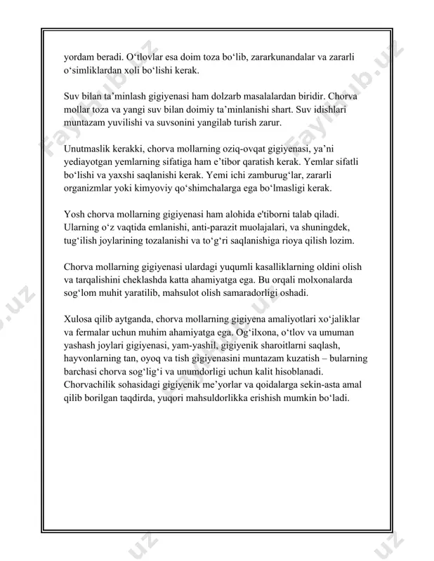 ak. mollarni kasalliklar uchun tekshiruvdan o'tkazish teri va junning sog'lomligini saqlashda muhimdir. b. **teri va junni tekshirish:** mollarni har kuni tekshirib turish ulardagi teri va jun muammolarini erta aniqlashga yordam beradi. agar jun matashayotgan yoki teri o'zgarishlari mavjud bo'lsa, zudlik bilan veterinar bilan maslahatlashish zarur. 4. **iqlim va atrof-muhitning ta'siri:** a. **iqlim sharoitlari:** mollar qanday iqlimda yashashlari ularning junning va terining holatiga ta'sir qiladi. sovuq iqlimda jun ko'proq qalin bo'ladi, issiq iqlimda esa yengilroq. b. **mollarni to'g'ri sharoitlarda saqlash:** ularni quyoshdan, yomg'irdan va sovuq shamollardan himoya qilish teri va junning sog'lom bo'lib qolishiga yordam beradi. 5. **texnologiyalar va asboblar:** a. **maxsus asbob-uskunalar:** mollarni parvarish qilishda maxsus asbob-uskunalardan, masalan, elektr qirqish mashinalari va tozalash vositalaridan foydalanish kerak. ushbu vositalar parvarish jarayonini osonlashtiradi va samaradorligini oshiradi. mollar, ayniqsa yosh hayvonlar, parvarish va gigiyena qoidalariga rioya qilish orqali sog'lom hayot kechiradilar. bu nafaqat ularning junning va terining yaxshi bo'lishiga, balki umumiy jismoniy va …