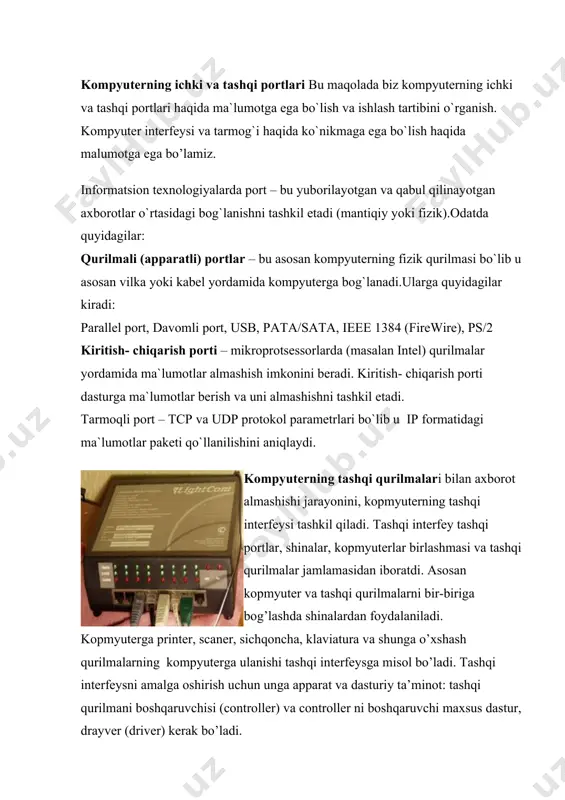 ladi. (1-rasmga qarang). har bir portning o’ziga yarasha vazifasi bor. ieee 1284 (printer port, parallel port, lpt) – shaxsiy kompyuterga ulashga mo`ljallangan xalqaro parallel interfeys standartiga mos tushuvchi qurilma. “ltp” nomi ms dos oilasidagi operatsion tizimdagi “ltp1” (line printer terminal yoki line printer) standart nomidan kelib chiqqan. hozirgi vaqtda bu interfeys asosan usb interfeysi bilan mos tushadi va u yi`g`ma apparatlarni (skaner – printer - kserokopiya) ulashsh uchun ishlatiladi. lekin asosan yuqori tezlikda chop etish va printer uchun ishlatiladi. bu bilan asosan cetronics, betronics, hp, hewlett-packardfirmalari tomonidan ishlab chiqariladi. ular 1284.3-2000 va 1284.4-2000 standartiga asoslangan. ishchi rejimlari: · spp (standart paralell port) — bir yo`nalishli port, to`laligicha cetronics interfeysi bilan mos tushadi. · nibble mode — spp rejimida ikki yo`nalishli ma`lumotlar almashinishga asoslangan (4 baytli) qo`shimcha qurilmalar bilan jihozlangan · byte mode — ba`zida qo`llaniluvchi ieee 1284 standartiga asoslangan eski kontrollerlardan ikki tomonlama ma`lumot almashish uchun foydalaniladi. · epp (enhanced …