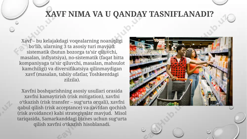 ining soni 20% ga oshishi taxmin qilinmoqda, bu yoqilg'i narxlariga va transport infratuzilmasiga talabni oshirishi mumkin. 2023-yilgi jahon banki hisobotiga ko'ra, o'zbekistonda 5 yil ichida yalpi ichki mahsulotning o'sishi 5-7% ni tashkil etishi kutilmoqda, bu kelajakdagi iste'molchi tanloviga ta'sir ko'rsatadi. iste'molchi himoyasi 2022-yilda o'zbekistonda iste'molchilar huquqlarini himoya qilish bo'yicha 1500 dan ortiq shikoyat kelib tushgan bo'lib, ularning 70 foizi toshkent shahrida qayd etilgan. o'zbekiston respublikasining “iste'molchilar huquqlarini himoya qilish to'g'risida”gi qonuni 3 bob, 28 moddadan iborat bo'lib, 10 millionlab iste'molchilarning huquqlarini himoya qilishga qaratilgan. kutilgan foyda nazariyasi nazariya, foydaning logarifmik funksiyasi sifatida ifodalanadi va investorlarning xatarga nisbatan munosabatini, masalan, aqsh aktsiyalar bozorida, o'rganishga imkon beradi. kutilgan foyda nazariyasi 1738-yilda daniya iqtisodchisi daniel bernulli tomonidan taklif qilingan bo'lib, xatarlarni baholashda subyektiv ehtimolliklarni hisobga oladi. assimetrik axborot aqshning 2022-yilgi tadqiqotiga koʻra, nosimmetrik axborot bozorda 30% ga yaqin noaniqlik va xatoliklarga olib kelishi mumkin, natijada isteʼmolchilarning notoʻgʻri tanlov qilish ehtimoli ortadi. nosimmetrik axborot …