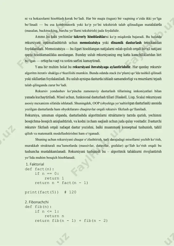 ligini ko‘rsatadi. rekursiya tushunchasi faqatgina dasturlashdagi texnik yondashuv emas, balki u algoritmik fikrlashni shakllantiruvchi muhim konsepsiyadir. shuning uchun u nafaqat texnik jihatdan qanday ishlashini, balki uning ortida yotgan mantiqiy fikrlash usulini ham chuqur o‘zlashtirish talab etiladi. rekursiyani tushunish orqali muammolarni kichik qismlarga bo‘lib, ularni bosqichma- bosqich hal qilish ko‘nikmasi rivojlanadi. bu esa, o‘z navbatida, dasturchining algoritmik tahlil qilish, yechim topish va optimal kod yozish salohiyatini oshiradi. rekursiv funksiyalarni yozishda eng muhim jihatlardan biri bu funksiya chaqiruvlarining ketma-ketligini tushunishdir. har bir chaqiruv yangi kontekstda bajariladi, ya'ni u o‘zining mahalliy xotira blokiga ega bo‘ladi. bu bloklar stack (to‘plam) deb ataluvchi ma’lumotlar tuzilmasida saqlanadi. dastur bajarilishining har bir bosqichida funksiya o‘z kontekstida ishlaydi va undan chiqish faqat to‘xtash shartiga kelganda yoki qiymat qaytarganda amalga oshadi. oddiy misol sifatida, rekursiv tarzda yozilgan faktorial funksiyani olaylik. misol uchun 5! quyidagicha hisoblanadi: matlab копироватьредактировать factorial(5) = 5 * factorial(4) = 5 * 4 * factorial(3) = …