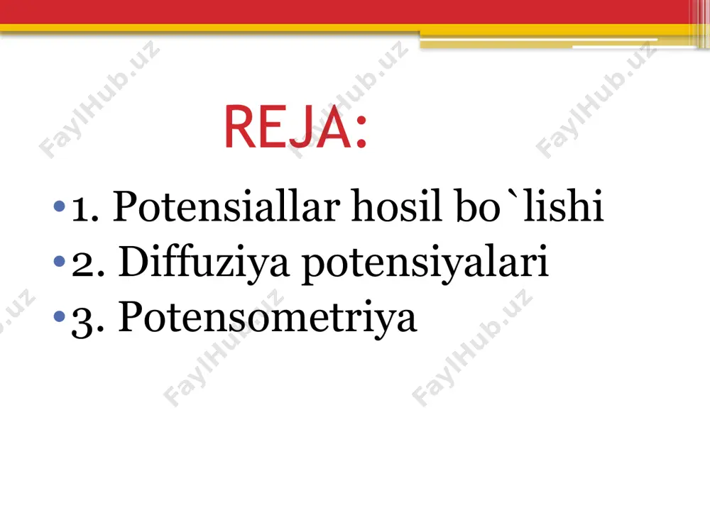 ionalmashuvchi elektrodlar ionit va eritmadan iborat bo`ladi. fazalar chegarasida ionit va eritma o`rtasida ion almshinish garayoni hisobiga potensial hosil bo`ladi. biologik ob’ektlarda ham diffuziya potensiali paydo bo‘ladi: hujayralarning qobig‘i zararlanganda ularning tanlab o‘tkazuvchanligi buziladi va elektrolitlar hujayraga yoki undan tashqariga konsentratsiyalarning farqiga qarab diffuziyalana boshlaydi. inson organizmida oziqa moddalardan olingan kimyoviy energiya elektr energiyaga, mexanik energiyaga ayianadu. bu hodisalar asosida turli xil oksidlanish-qaytarilish reaksiyalari yotadi. tirik organizmda asosiy elektron donori deb, organik moddalardagi vodorod atomi hisoblansa, elektron akseptori deb esa kislorod hisoblanadi. e`tiboringiz uchun rahmat image2.png image3.png image4.png image5.jpeg /docprops/thumbnail.jpeg