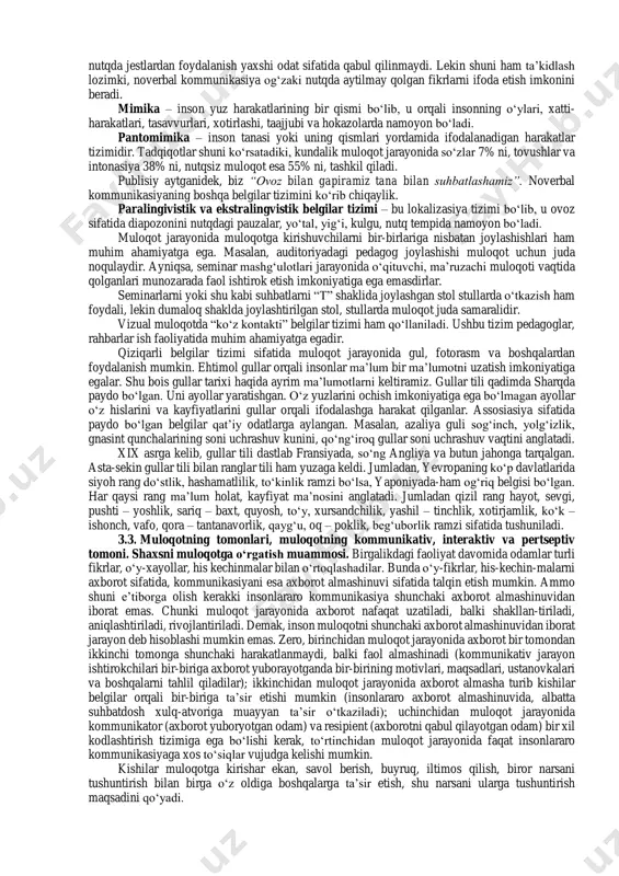 iv funksiya – axborot almashinuvini ta’min-lash vazifasi. axborot almashinuvi turli belgilar tizimlari orqali amalga oshiriladi. odatda verbal va noverbal kommunikasiya farqlanadi.  regulyasion-kommunikativ funksiyasi suhbatdoshlar xulq-atvorining regulyasiya qilinishini ta’minlash vazifasi. individlar muloqot jarayonida verbal yo‘llar bilan bir- birining motivlariga, maqsadlariga, qaror qabul qilishiga ta’sir o‘tkazishi, biror harakatga undashi va harakatini nazorat qilishi, bir-birining xulq-atvoriga stimullash-tiruvchi va korreksiyalovchi tarzida ta’sir ko‘rsatishi mumkin.  affektiv-kommunikativ funksiya inson emosional sohasining regulyasiya qilinishini ta’minlash vazifasi. muloqot inson emosional holatlarining eng muhim determinasiyasidir. chunki turli tuman emosional holatlar muloqot jarayonida paydo bo‘ladi va o‘zgaradi. l.a.karpenko taklif etgan tasnifga ko‘ra, muloqotning quyidagi vazifalari ajratib ko‘rsatiladi.  aloqa o‘rnatish vazifasi – suhbatdoshni aloqaga kirishish uchun tayyorlash;  informasion vazifa – suhbatdosh bilan muayyan ma’lumotlar, fikrlar va rejalarni almashish;  faoliyatga undash – suhbatdoshni biror harakatni bajarishga stimul-lashtirish;  koordinasion vazifa – suhbatdosh bilan hamkorlikdagi faoliyatni tashkil etish va uni amalga oshirishda harakatlarni muvofiqlashtirish;  tushunishni ta’minlash vazifasi …