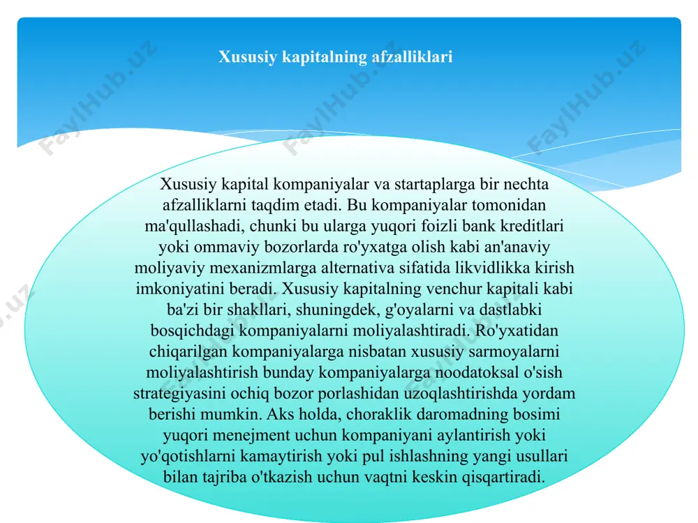 amda “hisob siyosati va moliyaviy hisobot”da keltirilgan . xususiy kapital (sarmoya) - subyektning majburiyatlami chegirib tashlagandan keyingi aktivlaridir. subyekt majburiyatlari - subyekt (qarzdoming) boshqa subyekt (kreditor) foydasiga muayyan ishni amalga oshirish, masalan, mol-mulkni topshirish, ishni bajarish, pul to'lash va boshqa majburiyatlaridir yoxud muayyan xatti-harakatdan tiyilib turish majburiyatidir, kreditor esa qarzdordan o'z majburiy atlarini bajarishini talab qilishga haqlidir. aktivlar - subyekt nazorat qiladigan, kelgusida ulardan daromad olish maqsadida avvalgi faoliyat natijasida olingan iqtisodiy resurslardir. demak yuqoridagi ta’rif va tasniflashdan quyidagi bog'lanishni berib o'tish mumkin: xususiy kapital (xk) = aktivlar (a) - majburiyatlar (m) buxgalteriya balansidagi xususiy kapitalning miqdori aktivlar qiymatini va majburiyatlami baholashga bog'liqdir.xususiy kapital ustav fondidan (ustav kapitalidan), qo'shilgan, zaxira kapitalidan va taqsimlanmagan foydadan tarkib topadi. zarur hollarda ustav, qo'shilgan zaxira kapitali tahliliy jihatidan hisobga olinadi. ustav fondi- (ustav kapitali) ta’sis hujjatlarida belgilangan hissalaming (pulda ifodalangan holdagi) yig'indisini aks ettiradi. ustav fondiga (ustav kapitaliga) hissalar shaklida kiritiladigan moddiy va nomoddiy …