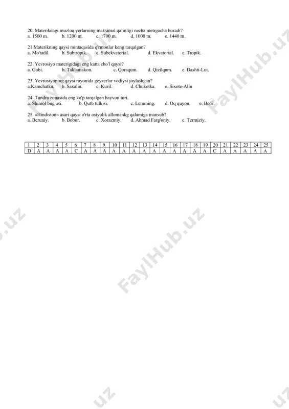 adi? a. yanszi b. mekong. c. amur. d. lena. e. volga. 18.materikdagi eng chuqur tektonik ko'l. a. baykal. b. issiqko'l. c. kukunor. d. sevan. e. balxash. 19. yevrosiyo tog'li o'lkalaridagi eng katta tog' muzligi. a. fedchenko. b. inilchik. c. alech. d. zarafshon. e. siachen. 20. materikdagi muzloq yerlarning maksimal qalinligi necha metrgacha boradi? a. 1500 m. b. 1200 m. c. 1700 m. d. 1000 m. e. 1440 m. 21.materikning qaysi mintaqasida q'rmonlar keng tarqalgan? a. mo'tadil. b. subtropik. c. subekvatorial. d. ekvatorial. e. tropik. 22. yevrosiyo materigidagi eng katta cho'l qaysi? a. gobi. b. taklamakon. c. qoraqum. d. qizilqum. e. dashti-lut. 23. yevrosiyoning qaysi rayonida geyzerlar vodiysi joylashgan? a.kamchatka. b. saxalin. c. kuril. d. chukotka. e. sixote-alin 24. tundra zonasida eng ko'p tarqalgan hayvon turi. a. shimol bug'usi. b. qutb tulkisi. c. lemming. d. oq quyon. e. bo'ri. 25. «hindiston» asari qaysi o'rta osiyolik allomankg qalamiga mansub? a. beruniy. b. …