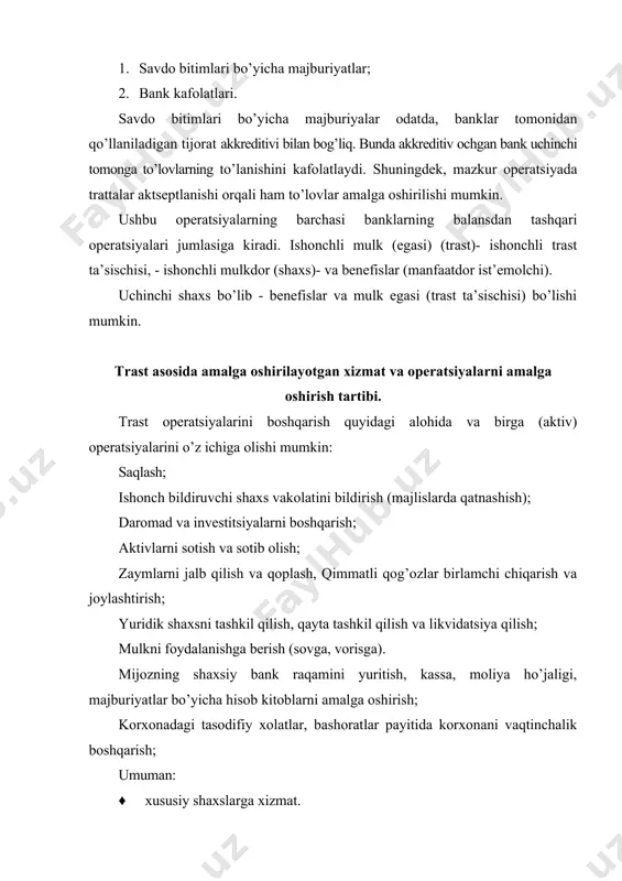 ernayt-uik end paytida mablag’larni quyish. metall miqdori x baho x foiz stavkasi (%-yil) kun 360x100 qimmatli qog’ozlar bilan bog’liq risklar: baho riski, qimmatli qog’ozlar toshlar va metallarning bahosini o’zgarishi. likvidligining riski. muddati va xajmini muvozanatini to’g’ri olib borilmasligini yoki to’g’ri kelmasligini natijasida risk paydo bo’ladi. huquqiy risk. bank faoliyatiga bog’liq bo’lgan normativ xujjatlarni qabul qilishi natijasida oladigan zarar. respublikada lizing operatsiyalarni rivojlanish yullari. o’zbekiston respublikasida xo’jalik korxonalari sezilarli qismining moliyaviy holatining beqarorligini, investitsion xarajatlarni moliyalashtirish manbalaridan foydalanish imkoniyatlarining jiddiy tarzda cheklanganligini hisobga olib, ularning faoliyatini lizing asosida moliyalashtirishni maqsadga muvofiq deb hisoblaymiz. moliyaviy lizing - o’z mohiyatiga ko’ra lizing ob’ektining barcha qiymatini to’lashni taqozo etadi. bunda lizing asosida egalik qilish hamda foydalanish maqsadida ijaraga berilayotgan mulkning muddati to’liq amortizatsiya muddatiga yaqinlashadi. lizing shartnomasi amal qilayotgan muddat mobaynida lizing beruvchi tashkilot lizing to’lovlari vositasida mulkning barcha qiymatini o’ziga qaytaribgina qolmay, balki bundan foyda ham oladi. “bundan tashqari banklar faoliyatida lizing operatsiyalari …