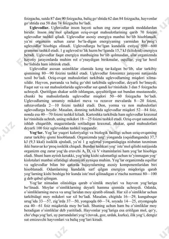 ganik va organik moddalar kiradi. noorganik moddalarga suv va mineral moddalar, organik moddalarga esa uglevodlar, yog‘lar, oqsillar, fermentlar, vitaminlar, organik kislotalar, fenol birikmalari, rang, hid beruvchi moddalar va boshqalar kiradi. shuning uchun ham oziq-ovqat mahsulotlari shu moddalarning qanday miqdorda, qanday holatda uchrashiga qarab bir-biridan keskin farq qiladi. oziq-ovqat mahsulotlarining tarkibida uchraydigan va inson hayotida eng zarur bo‘lgan ba’zi bir kimyoviy moddalar to’g’risida qo‘yida to’laroq yoritamiz. suv. suv tirik organizm hayot faoliyatining barcha jarayonlarida ishtirok etadi. suv inson va hayvon organizmining 2/3 qismini tashkil etsa, o’simlik organizmlarining bundan ham ko‘prog’ini tashkil etadi. katta yoshdagi odamlar uchun bir kunda o’rtacha 1,8—2,2 litr suv kerak bo‘ladi. inson o’z extiyoji uchun zarur bo‘lgan suvning yarmini oziq-ovqat mahsulotlari hisobiga, qolgan qismini esa ichimlik suvi va boshqa suyuq ichimliklar hisobiga oladi. suv miqdori hamma oziq-ovqat mahsulotlarida turlichadir. ba’zi mahsulotlar tarkibida suvning miqdori juda kam. shakar va qandda suvning miqdori 0,1 foizdan 0,4 foizgacha, o’simlik va hayvon …