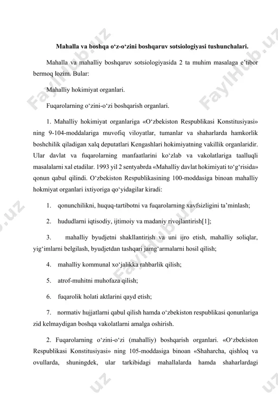 minlaydi 4. 2004 yi. 29 aprelde «fuqarolar yig‘ini raisi (oqsoqol) va uning maslahatchilari saylovi to‘g‘riichda»gi qonun qabul qilingan. mustaqillik yillarida mahallalarga bo‘lgan munosabat tubdan o‘zgardi. 1992 yil 12 sentyabrda o‘zbekiston respublikasi prezidentining «respublika «mahalla» xayriya jamg‘armasini tuzish to‘g‘risida» gi farmoni qabul qilindi. o‘zbekiston respublikasi vazirlar mahkamasi o‘sha yili 17 oktyabrda «respublika «mahalla» xayriya jamg‘armasi faoliyatini tashkil etish masalalari to‘g‘risida» gi 480-sonli qarori qabul qilindi. 1992 yili respublikamizda 8 mingga yaqin, toshkentda 279 mahalla mavjud edi. 1993-1994 yillarda mamlakatimizda 12 mingdan ortiq mahalla qo‘mitalari tuzildi. 2000 yilga kelib o‘zbekistonda 13 mingdan ortiq, toshkent shahrida esa 481 dan ko‘proq mahalla faoliyat yurita boshladi. «oila-mahalla-maktab» konsepsiyasi hamkorlik dasturi ishlab chiqildi. bu boshqa davlatlarda uchramaydigan noyob dasturdir. 1999 yil 14 apreldagi «fuqarolarning o‘zini-o‘zi boshqarish organlari to‘g‘risida»gi yangi tahrirdagi qonunning 7-moddasiga muvofiq: 1)bozor iqtisodiyoti sharoitida mahallalar faoliyati erkinlashtirildi; 2) mahallalar hokimiyat tizimidan chiqarildi; 3) qator imtiyozlar berildi; 4) boqimandalik kayfiyatidan ozod etildi[4]; 5) «kuchli davlatdan …