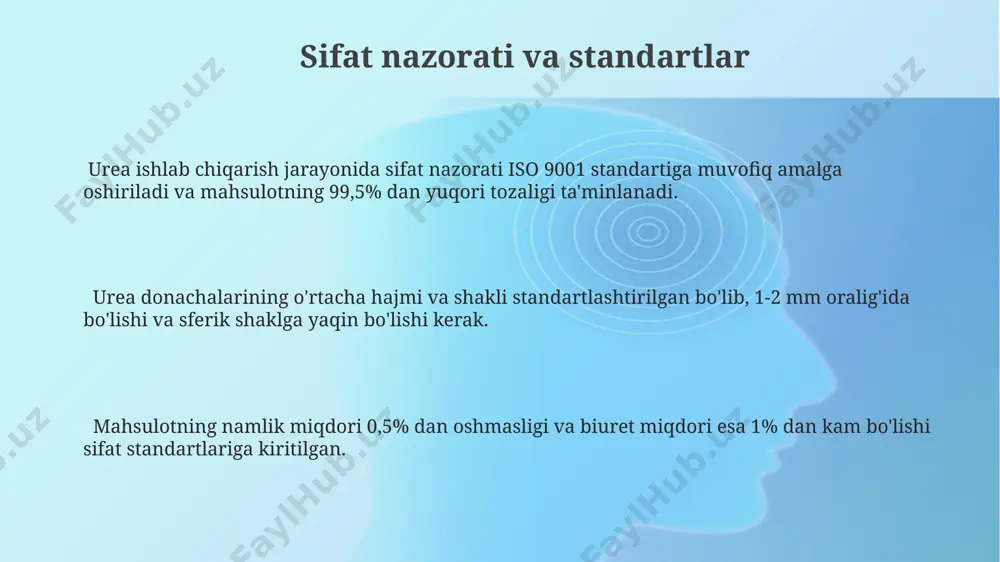 evinaga aylanishini tezlashtiradi. xom ashyo va ularning tayyorlash usullari mochevina granulalarini olish uchun, granulyatsiya qilish jarayonida 0,5-1,5% miqdorida konditsioner qo'shiladi, bu ularning mexanik mustahkamligini oshiradi. suyuq fazadagi sintez usulida mochevina hosil bo'lishi uchun 175-200 atm bosim va 180-200°c temperatura talab etiladi. mochevina ishlab chiqarishda asosiy xom ashyo sifatida 100% li ammiak va 45-60% li so2 gazi ishlatiladi, bu esa yuqori samaradorlikka erishishga imkon beradi. iqtisodiy jihatlari va bozor tahlili urea eksportining asosiy yo'nalishlari hindiston, braziliya va xitoy bo'lib, bu mamlakatlarning yillik import hajmi 10 million tonnadan oshadi va shuning uchun raqobat yuqori. markaziy osiyo mamlakatlarida urea talabining yillik o'sishi taxminan 5-7% ni tashkil etadi, bu esa yangi ishlab chiqarish quvvatlarini yaratish va import qilish hajmini oshirish zarurligini ko'rsatadi. urea narxlari jahon bozorida 2023 yilda o'rtacha 300-400 aqsh dollari/tonnani tashkil etdi, bu ishlab chiqaruvchilar uchun yuqori rentabellikni ta'minladi, lekin energiya narxlarining oshishi xarajatlarni oshirdi. e'tiboringiz uchun rahmat @taqdimot_robot image1.png