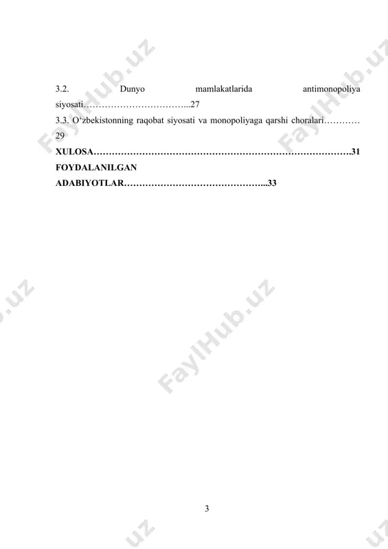 diy siyosatni shakllantirish va bozor mexanizmlarini samarali tashkil etishda zarurdir. raqobat va monopoliyaning dolzarbligi, shuningdek, global iqtisodiy o'zgarishlar, raqamli transformatsiya va yangi texnologiyalar bilan bog'liq holda yanada kuchaymoqda, bu esa iqtisodiy strategiyalarni yangilashni talab qiladi. kurs ishining maqsadi: raqobat va monopoliya mavzusi iqtisodiyotning asosiy jihatlaridan biri bo'lib, uning o'rganish maqsadi bozor mexanizmlarini, iqtisodiy faoliyatni va ijtimoiy taraqqiyotni yanada samarali tashkil etishni ta'minlashdir. raqobatning maqsadi, asosan, iste'molchilarga eng yaxshi narx va sifatni taqdim etish, innovatsiyalarni rag'batlantirish va resurslarni optimal taqsimlashdir. raqobat mavjud bo'lgan sharoitda ishlab chiqaruvchilar o'z mahsulotlarini yaxshilashga, xizmat ko'rsatish sifatini oshirishga va yangi texnologiyalarni joriy etishga harakat qilishadi. kurs ishining vazifasi: raqobat va monopoliya mavzusining vazifalari iqtisodiyotning samarali ishlashini ta'minlash va ijtimoiy farovonlikni oshirishga qaratilgan. raqobatning asosiy vazifalaridan biri iste'molchilarga yuqori sifatli mahsulotlar va xizmatlarni arzon narxlarda taqdim etishdir. bu, o'z navbatida, ishlab chiqaruvchilarni innovatsiyalarni joriy etishga va samaradorlikni oshirishga undaydi. raqobat sharoitida ishlab chiqaruvchilar o'z mahsulotlarini yaxshilash va …