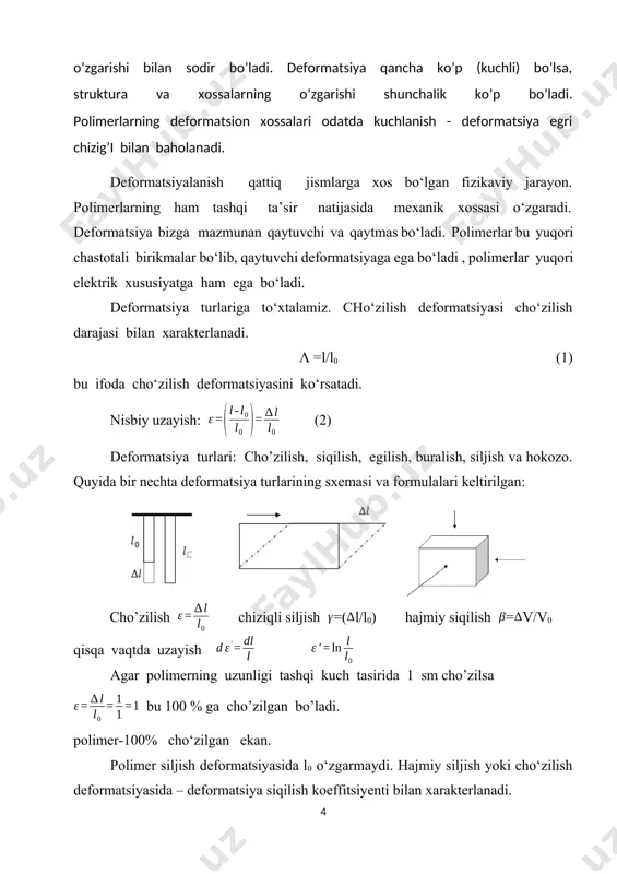 olimerlarning relaksatsion xossalariga to’xtalamiz. termodinamik qonunlarga muvofiq turli tizimlarda o’z-o’zidan yuz beradigan barcha jarayonlar oxir oqibatda muvozanat holatiga yaqinlashadi. tizimli nomuvozanat holatdan muvozanat holatga o’tishi relaksatsion jarayon deb yuritiladi . barcha real tizimlarning mexanik xossalari relaksatsion tavsifga ega bo’ladi . plimerlar yuqori elastik holatda bir qator relaksatsion jarayonlarni namoyon qiladi: 1. polimerlarga yuqori kuchlanish berilsa , unda oqish jarayoni kuzatilmasa , bunday kuchlanish ma’lum muvozanatli yuqori elastik deformatsiyaga mos keladi. ammo tizim doimiy kuchlanishga mos keladigan muvozanatli yuqori elastikli deformatsiyaga darhol erishmaydi. 2. polimerlar juda katta tezlikda deformatsiyalansa va shu holatga ushlab turilsa, unda kuchlanish vujudga keladi va uning boshlang’ich miqdori muvozanatli kuchlanishdan ancha yuqori bo’ladi. vaqt o‘tishi bilan guruhlarni qayta joylashishi tufayli namunadagi kuchlanish pasayib boradi. bu jarayon kuchlanish relaksatsiyasi deyiladi. 3. polimer namunaga o’zgaruvchan kuchlanish masalan: sinusoidal qonun bo’yicha ta’sir etsa, unda ta’sir etuvchi kuchlanishning ikki miqdori, ya’ni ampletudasi va chastota bilan tavsiflanadi . balki chastota o’rniga , …