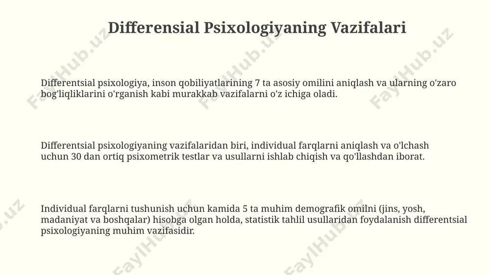 , natijalarni talqin qilishda xatolarni kamaytiradi. individual farqlarni o'lchash usullari faktoriy tahlil va klaster tahlil kabi statistik usullar individual farqlarning yashirin tuzilmalarini aniqlash va 5-6 ta asosiy omilga qisqartirish uchun qo'llaniladi. individual farqlarni o'lchashda psixometrik testlar, masalan, intellektni o'lchash uchun wechsler shkalalari yoki shaxsiyatni baholash uchun 16pf testi kabi 20 dan ortiq turli xil testlardan foydalaniladi. fiziologik ko'rsatkichlar, masalan, yurak urishi tezligi yoki miya to'lqinlari faolligi, individual farqlarni o'lchashda qo'shimcha ma'lumot manbai sifatida ishlatilib, 30% ga yaqin qo'shimcha aniqlik beradi. emotsionallikni o'rganish emotsionallikni o'rganishda fiziologik ko'rsatkichlar, masalan, yurak urishi chastotasi va terlash miqdori, hissiy holatlarning ob'ektiv bahosini beradi va 20 dan ortiq o'zgaruvchini o'z ichiga olishi mumkin. hissiy tajribani o'rganishda 5 omilli shaxsiyat modeli (ocean) kabi psixometrik shkalalardan foydalanib, individual farqlarni aniqlash va hissiy regulyatsiya uslublarini tahlil qilish muhim ahamiyatga ega. hissiy reaktivlikni o'rganishda, 300 dan ortiq ishtirokchi bilan o'tkazilgan eksperimentlar shuni ko'rsatdiki, genetik omillar hissiy javoblarda muhim rol o'ynaydi …