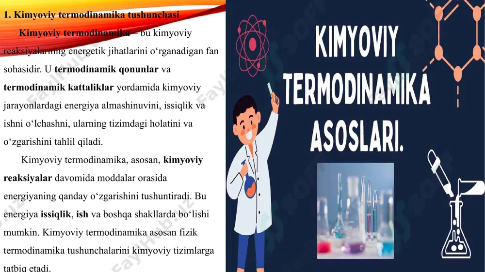 okimyoviy tenglamalar termokimyoviy tenglamalar kimyoviy reaksiyalar va ularning issiqlik effektlarini ifodalovchi matematik formulalar bo‘lib, ular entalpiya o‘zgarishini hisoblashda ishlatiladi. bu tenglamalar reaktsiyalar davomida moddalar o‘rtasidagi energiya almashinuvini ko‘rsatadi. termokimyoviy tenglama quyidagicha yoziladi: a+b→c+d+δha + b \rightarrow c + d + \delta ha+b→c+d+δh bu yerda: a va b — reaktantlar, c va d — mahsulotlar, δh — entalpiya o‘zgarishi. standard issiqlik effekti va entalpiya o‘zgarishi kimyoviy reaksiyalar uchun standart issiqlik effekti va entalpiya o‘zgarishi juda muhim tushunchalar bo‘lib, ular 298 k va 1 atm bosimdagi standart sharoitlarda o‘lchanadi. moddalarning standart issiqlik effektlari ma'lum bo‘lib, ular jadvalda beriladi. standart entalpiya o‘zgarishi (δh°) — reaksiyalarning ma'lum sharoitlarda entalpiya o‘zgarishini bildiradi. standart issiqlik effektlari asosida gess qonuni yordamida murakkab reaksiyalarni tahlil qilish va issiqlik effektini hisoblash mumkin. xulosa. kimyoviy termodinamika — kimyoviy jarayonlarning energiya o‘zgarishlarini o‘rganuvchi muhim fan sohasidir. u orqali reaksiyalarning qanday yo‘nalishda kechishini, issiqlik ajralish yoki yutilish miqdorini, shuningdek, reaksiyaning o‘z-o‘zidan sodir …