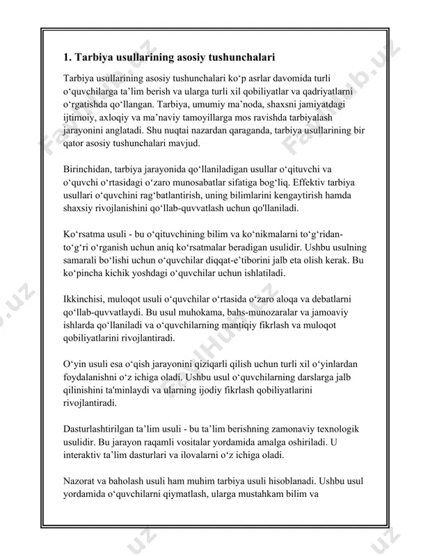 a mezonlar asosida amalga oshiriladi va ularning har biri o'ziga xos vazifalarni bajaradi. birinchidan, tarbiya shakllarini mazmuni bo'yicha tasniflash mumkin. bu tasnifga ko'ra, tarbiya shakllari quyidagicha bo'lishi mumkin: 1. **ma'naviy-axloqiy tarbiya** – bu shaklda bolaning axloqiy qiyofasini shakllantirish, ma'naviy qadriyatlarni o‘zlashtirish va ularga amal qilish ko‘nikmalarini hosil qilishga yo'naltirilgan jarayon. 2. **aqliy tarbiya** – bu bola yoki yoshlarning intellektual rivojlanganligini oshirish, bilim darajasini kengaytirish, aqliy qobiliyatlarni rivojlantirishga qaratilgan tarbiya turi. 3. **jismoniy tarbiya** – sog‘lom turmush tarzini shakllantirish, jismoniy sog‘lik va chidamlilikni ta’minlash maqsadida olib boriladigan jarayon. 4. **estetik tarbiya** – bu san'atni, tabiat go'zalligini tushunish va ulardan zavqlanish ko'nikmalarini rivojlantirishga qaratilgan tarbiya. 5. **mehnat tarbiyasi** – mehnat qilish ko'nikmalarini shakllantirish, mehnatsevarlikni rag'batlantirish va uni jamiyatning rivojlanishidagi ahamiyatini anglash. ikkinchidan, tarbiyaviy jarayonni tashkil etish shakllari bo‘yicha tasniflash. bu tasnif quyidagi turi ajratiladi: 1. **oila tarbiyasi** – bolalar va yoshlarga tarbiya berishning asosiy manbalaridan biri bo'lib, unga ota-ona va yaqin qarindoshlar …