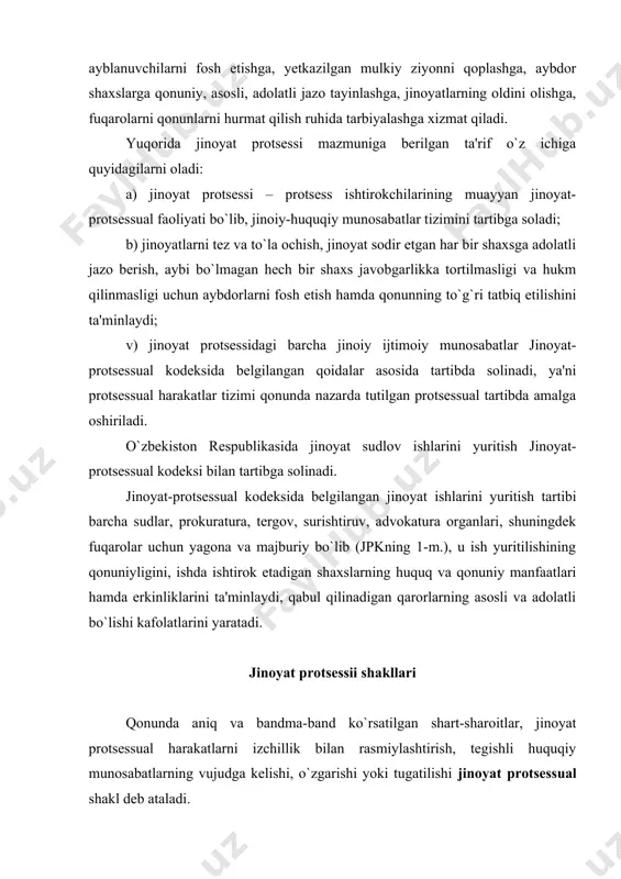 o`zgarishi yoki tugatilishi jinoyat protsessual shakl deb ataladi. jinoyat protsessual shaklning tarixdagi klassik turlarini quydagicha tavsiflash mumkin. insoniyatning hukuqiy madaniyatda faqat uch shakldagi jinoyat protsessi mavjudligini e'tirof etish mumkin. bular: 1) ayblov yurituvi (jinoyat protsessining eng qadimga shakli); 2) inkvizitsiyaviy (jinoyat protsessining o`rta asrlarda hukmron bo`lgan shakli) va 3) tortishuvga asoslangan jinoyat protsessual shakli (yoki zamonaviy jinoyat-sudlov yurituvi shakli). ayblov yurituvi - jinoyat protsessining eng qadimgi shakli bo`lib, uni ikki qismga bo`lish mumkin. birinchisi, quldorlik jamiyatidagi ayblov yurituvi bo`lib, bunda ayblov yurituvi shaklining vujudga kelishi va asosiy protsessual masalalarning rivojlanish jarayonini ko`rish mumkin. ikkinchisi, feodal tuzumida mavjud bo`lgan ayblov yurituvi. mazkur sud yurituvining rivojlanish nuqtasi ham aynan ana shu davrga to`g`ri keladi. ayblov yurituvi shaklining eng dastlabki davrlarida, tortishayotgan shaxslar baxsni o`zlari o`zaro hal etshiga urinar edilar. keyinchalik tortishuvni hal etshiga sud jalb etiladigan bo`ldi. ammo, dastlabki vaqtlarda, sudning bahsni hal etishdagi roli anchayin past bo`lib, u faqat taraflarning bahslarini …