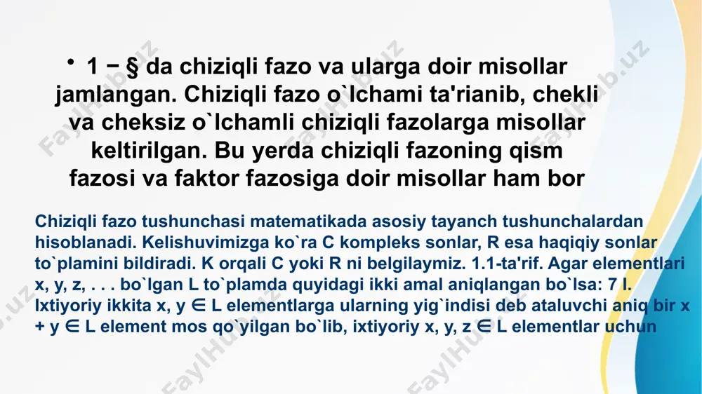 larda norma orqali unga mos skalyar ko`paytma aniqlash mumkin? agar (x, y) = 0 bo`lsa, u holda x va y vektorlar ortogonal deyiladi va x⊥ y kabi belgilanadi. 3.4-ta'rif. agar ixtiyoriy α 6= β da (xα, xβ) = 0 bo`lsa, u holda nolmas {xα} vektorlar sistemasiga ortogonal sistema deyiladi. agar bu holda har bir elementning normasi birga teng bo`lsa, {xα} ortogonal normalangan sistema, qisqacha ortonormal sistema deyiladi. 3.5-ta'rif. agar {xα} sistemani o`zida saqlovchi minimal yopiq qism fazo e fazoning o`ziga teng bo`lsa, u holda {xα} sistema to`la deyiladi. 3.6-ta'rif. agar {xα} ortonormal sistema to`la bo`lsa, u holda bu sistema e fazodagi ortonormal bazis deyiladi. 3.7-ta'rif. bizga e yevklid fazosi va {φk} ortonormal sistema berilgan bo`lsin. agar ixtiyoriy f ∈ e uchun x ∞ k=1 |ck| 2 = kfk 2 , ck = (f, φk) (3.3) tenglik o`rinli bo`lsa, {φk} ortonormal sistema yopiq sistema deyiladi. (3.3) tenglik parseval tengligi deyiladi. ck …