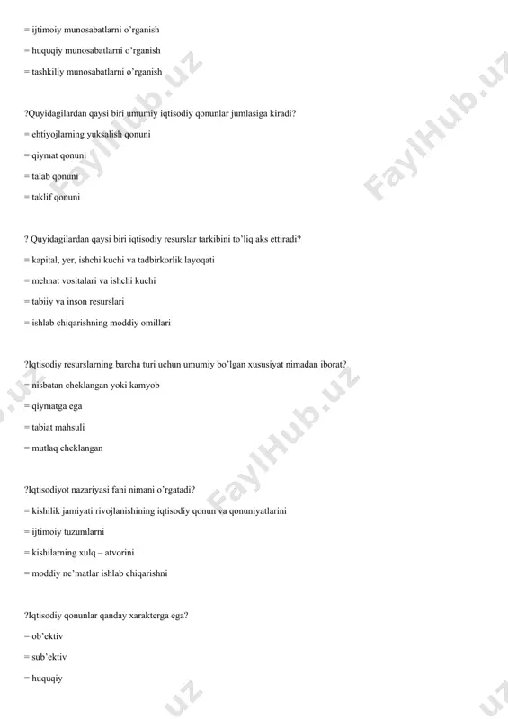 ehtiyojlarini cheklasa = to’g’ri iqtisodiy siyosat yuritilsa ?pulingiz yetmagani sababli bir nechta qimmat, lekin sifatli, shu bilan birga bir nechta arzon daftar sotib oldingiz. siz ... = resurslar cheklanganligi, murosali tanlov zaruriyati va muqobil qiymatni baholash muammosiga duch keldingiz = resurslar cheklanganligi va muqobil variantni baholash muammosiga duch keldingiz = resurslar cheklanganligi tufayli murosali tanlovning zarurligiga duch keldingiz = resurslar cheklanganligi muammosiga duch keldingiz ?quyidagi keltirilgan qaysi iqtisodiy tushunchalar ishlab chiqarish imkoniyati egri chizig’ini ifodalaydi? = ishlab chiqarish resurslari cheklanganligi, murosali tanlov, muqobil qiymat = talab va taklif = yalpi talab va yalpi taklif = iste’mol va jamg’arma ?iqtisodiyotning asosiy muommolari quyidagi javob variantlaridan qaysi birida berilgan? = nima ishlab chiqarish, qanday ishlab chiqarish, kim uchun ishlab chiqarish? = nima iste’mol qilinadi, qanday ishlab chiqariladi, kim ishlab chiqaradi? = nima ishlab chiqariladi, qanday iste’mol qilinadi, kim ishlab chiqaradi? = nima iste’mol qilinadi, qanday ishlab chiqariladi, kim iste’mol qiladi? ?muqobil tanlov …
