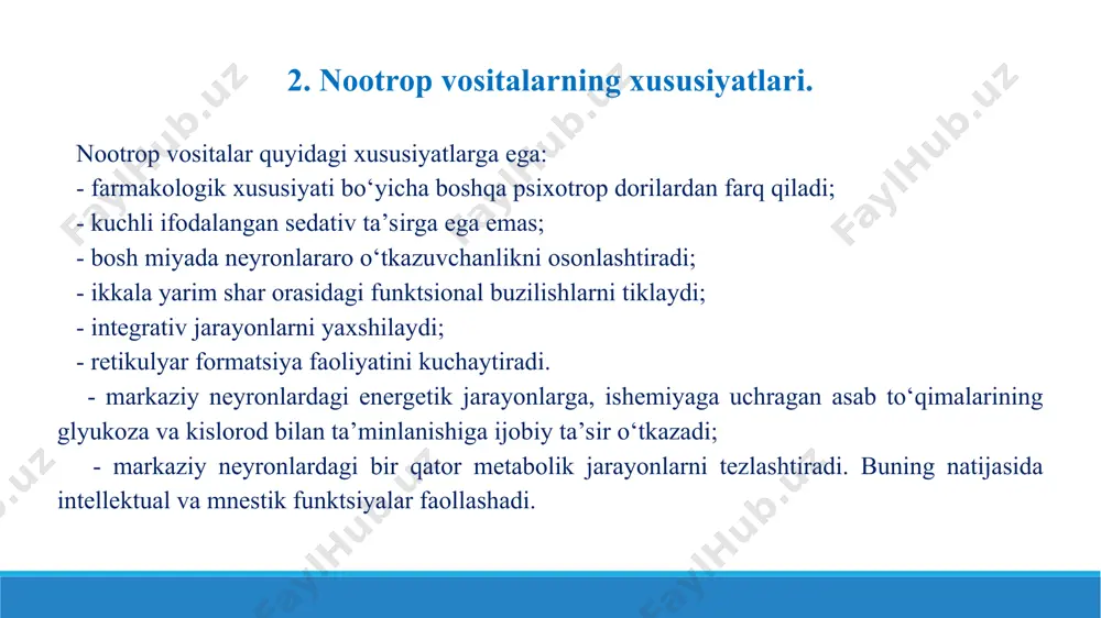 i: noofen, noofen 100; noofen 500. 4. pantogam (pantogamum), d-(+) gomopantoten kislotasining kaltsiyli tuzi sinonimlari: gopantam, pantogam aktiv, pantokaltsin. 5. pikamilon (pikamilonum), n-nikotionoil-y-aminomoy kislotasining natriyli tuzi 6. aminofenil moy kislotasi (aminophenyl oil acid) sinonimlari: anvifen, bifren, neyrofen. 7. piriditol (piriditolum), bis-(2-metil-3-oksi-4-oksimetilpiridil-5-metil)-disulfid digidroxloridi sinonimlari: entsefabol 8. fenotropil (fenotropil), n-karbamoil-metil-4-fenil-2-pirrolidon 9. idebenon (idebenone), 2-(10-gidroksidetsil)-5-6-dimetoksi-3-metil-tsiklogeksa-2,5-diyen-1,4-dion sinonimi: noben 10. semaks (semax) 11. kentron. majmuaviy preparat 12. tserebrolizin (cerebrolysin) sinonimi: tserabin-ts 13. tserebrolizat (cerebrolysatum) 14. korreksion (cotexin) 15. glutamin kislotasi (acidum glutaminicum), 2-aminoglutar kislotasi 16. xolim alfostserati (choline alfoscerate) sinonimlari: alfoatilin, gliatilin, gliyaton, medotilin, tserepro, tsereton, tseteron. 17. intellan, intelmaks. majmuaviy preparat. 5. manbalar: 1. ©z. ibodullayev. tibbiyot psixologiyasi. darslik., 3-nashr., t.; 2019., 494b. © ibodullayev ensiklopediyasi., 2022 y; ©asab.cc 2. n.a. musayeva, m. n. maxsumov, s h .s h . talipova ,,farmakologiya asoslari“ tibbiyot kollejlari uchun uchun o ‘quv qo‘llanma 5-nashri toshkent — «ilm ziy o »-2018 3. xarkevich d.a. farmakologiya ,,o’quv darslik” 4. …