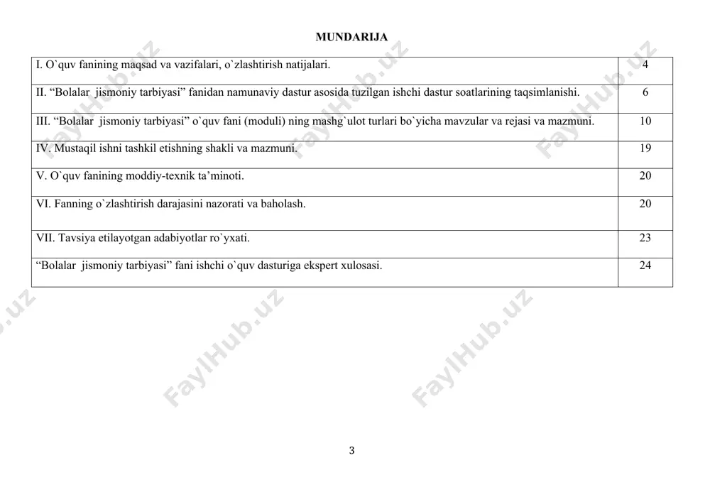adi. bilimlar · maktabgacha yoshdagi bolalarni jismoniy tarbiyalashning maqsad va vazifalarini; · “o‘zbekiston respublikasining ilk va maktabgacha yoshdagi bolalar rivojlanishiga qoyiladigan davlat talablari”ni; · “ilk qadam” davlat o‘quv dasturidagi jismoniy rivojlanish va sog‘lom turmush tarzini shakllanishi soha kompetensiyalarini; · turli yosh guruhlarda jismoniy rivojlanishva sog‘lom turmush tarzini shakllantirish bo’yicha ta’limiy tarbiyaviy faoliyatni rejalashtirish va tashkil etishni; · maktabgacha ta’lim tashkilotlarida o‘tkaziladigan saflanish qayta saflanish, asosiy harakat mashqlari-sakrash, emaklash, tirmashib chiqish, uloqtirish va muvozanatni saqlash mashqlarini; · buyumlar va buyumlarsiz o‘tkaziladigan umurivojlntiruvchi mashqlarni; · harakatli o‘yinlarni rejalashtirish va o‘tkazish, o‘zbek milliy va sport elementi bo‘lgan o‘yinlarni; · jismoniy tarbiya mashg’ulotlarini o‘tkazishni; · sog‘lomlashtiruvchi tadbirlarni tashkil etishni; · jismoniy tarbiya ishlarini hisobga olishva rejalashtirishni; ko’nikmalar · yozgi sog‘lomlashtirish ishlarini tashkil etish; · ertalabki badantarbiya mashqlarini rejalashtirish va o‘tkazish, sport musobaqalarini tashkil etish; · ta’limiy – tarbiyaviy faoliyt jarayonida jismoniy daqiqalarni tashkil etishni; · musiqa ostida jismoniy tarbiya mashg‘ulotlarini o‘tkazish; · mavzuga mos …