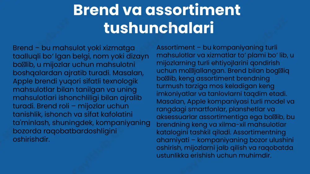 at sertifikatlari, mijozlarning fikrlari, uzoq muddatli ishlash ko'rsatkichlari va sotishdan keyingi xizmatlar. bu usullar mahsulotning haqiqiy sifatini aks ettiradi. brendning roli sifat baholashda muhim. nufuzli brendlar yuqori standartlarga amal qiladi, mijozlarning ishonchini qozonadi va doimiy sifatni ta'minlaydi, bu esa mahsulot tanloviga ta'sir qiladi. brend assortimenti va iste'molchilar brend assortimenti, ya'ni turli brendlar va ularning mahsulotlari, iste'molchilarning tanlov imkoniyatlarini kengaytiradi. bu esa, xaridorlar uchun sifat, narx va brend imidji asosida qaror qabul qilishda muhim omil bo'ladi. sifatli va keng brend assortimenti, iste'molchilarning ishonchi va sodiqligini oshiradi, bozordagi raqobatni kuchaytiradi. photo by clark van der beken on unsplash tovar turlarini tanqidiy tahlil qilish tovar turlarining tahlili: asosiy xususiyatlar va farqlar - mahsulotlarning funktsional, estetik va narx jihatidan farqlari; narx farqlari va dizayn yondashuvlari. - raqobatchilar bilan taqqoslash: sifat, brend kuchi, bozor ulushi. tahlil usullari: swot, pestel va boshqalar - swot: tovarning kuchli va zaif tomonlari, imkoniyatlar va tahdidlar. - pestel: siyosiy, iqtisodiy, …