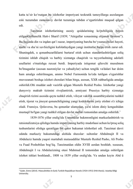 951) (ma thesis). istanbul bilgi university. ] 1839-1876 yillar oralig'ida usmonlilar hukmronligini markazlashtirish va ratsionalizatsiya qilishga hamda imperiyaning harbiy mudofaasi uchun ko'proq soliq tushumlarini olishga qaratilgan bir qator hukumat islohotlari edi. tanzimat davri odatda markaziy hukumatdagi alohida shaxslar: sultonlar abdulmajit ii va abdulaziz hamda yuqori martabali mutasaddilar mustafo reshid pasho, ali posho va fuad poshobilan bog‘liq. tanzimatdan oldin xviii asrdan boshlab, xususan, abdulmajit i va abdulazizning otasi mahmud ii tomonidan amalga oshirilgan islohot ishlari boshlandi., 1808 va 1839 yillar oralig'ida. va undan keyin abd ü lhamit ii va yosh turklar hukmronligining dastlabki davridagi islohotlar davom etadi.[footnoteref:4] [4: maksudyan, nazan (2019). "review of this is a man's world?: on fathers and architects: talaat pasha father of modern turkey, architect of genocide, by hans-lukas kieser, princeton, princeton university press, 2018". journal of genocide research. 21 (4): 540–544. doi:10.1080/14623528.2019.1613816. s2cid 181910618] tanzimat davrining o‘ttiz yetti yili islohotning asosiy tamoyillari va davlat apparatini shakllantirishdagi …