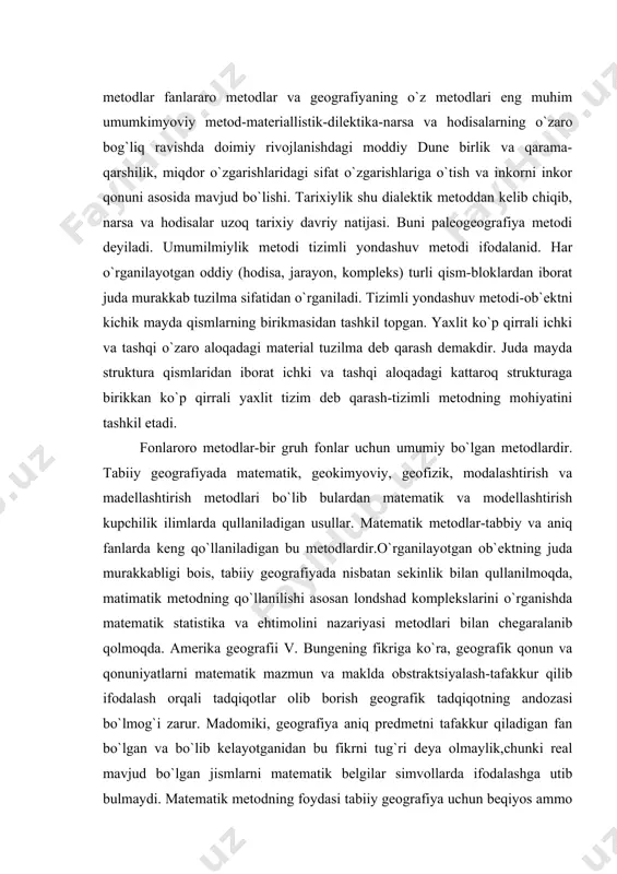 yada nisbatan sekinlik bilan qullanilmoqda, matimatik metodning qo`llanilishi asosan londshad komplekslarini o`rganishda matematik statistika va ehtimolini nazariyasi metodlari bilan chegaralanib qolmoqda. amerika geografii v. bungening fikriga ko`ra, geografik qonun va qonuniyatlarni matematik mazmun va maklda obstraktsiyalash-tafakkur qilib ifodalash orqali tadqiqotlar olib borish geografik tadqiqotning andozasi bo`lmog`i zarur. madomiki, geografiya aniq predmetni tafakkur qiladigan fan bo`lgan va bo`lib kelayotganidan bu fikrni tug`ri deya olmaylik,chunki real mavjud bo`lgan jismlarni matematik belgilar simvollarda ifodalashga utib bulmaydi. matematik metodning foydasi tabiiy geografiya uchun beqiyos ammo u asosiy tadqiqot metoti emas, geografik qonun va tushunchalarning mohiyatini ochishda yordamchi metod bo`lib, qolaveradi. geokimyoviy metod-tabiiy geografiyada atoqli tuproqshunos va geografik b. b. pomenov ishlari asosida landshaftshunoslik keng qullaniladigan bo`ldi. 1956 yilda ma`lumotlarni bir-biriga solishtirib va qushib tahlil etish metotini taklif etdi. relyefning balandliklardagi landshaft komplekslari tarkibida past joylarga utganda kimyoviy elementlarning miqdori va kuchishi o`zgaradi deb qarash bu metodning mohiyatini tashkil etadi. balandliklar bilan past joylarda kimyoviy …