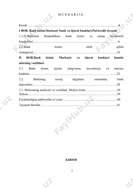 vazirlar mahkamasining qarorlari va qator boshqa me’yoriy hujjatlar qabul qilindi.hozirgi kunda bank tizimini o'rganish iqtisodiyotning dolzarb masalalaridan biri hisoblanadi. banklar bizning hayotimizga qattiq kirishdi. ular iqtisodiyotning hayotiy faoliyatini ta'minlaydi, ammo keng ommaga ko'rinmaydi. lekin bu ularning muammolarini va hal qilinishi va ta'minlanishi kerak bo'lgan ehtiyojlarni unutishning sababi emas. barqaror, moslashuvchan va samarali bank infratuzilmasini yaratish eng muhim va o'ta murakkab vazifalardan biridir. o'zbekiston respublikasi oliy majlisi qonunchilik palatasi va senatining qo'shma majlisida "... yaratilayotgan moliya-bank tizimining yuqori o'sish sur'atlari, barqarorligi va ishonchliligi, iqtisodiyotdagi muvaffaqiyatli tarkibiy o'zgarishlar vaumuman, mamlakatni modernizatsiya qilish yo'lidagi o'zbekistonning ishonchli qadamlari bugungi kunda jahon jamoatchiligi, shuningdek, xalqaro valyuta jamg'armasi, jahon banki kabi nufuzli xalqaro moliya tashkilotlari tomonidan o’z e'tirofini topmoqda,osiyo taraqqiyot banki va boshqalar." yo'l bilan bank tizimini rivojlantirish va faoliyat yuritishi uchun qulay shart - sharoitlar yaratish mumkin-bozor mexanizmlarining samarali faoliyat ko'rsatishi uchun zarur komponent.bugungi kunda rivojlangan tovar va moliya bozorlari sharoitida bank tizimining tuzilishi keskin …