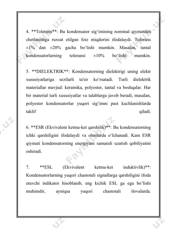 uchlanish tebranishlarini yumshatish va signal chiziqlarini barqarorlashtirish uchun ishlatiladi. - **ac va dc adapterlar:** kondensatorlar o'tkazish qobiliyatini yaxshilash va chiziqlarni barqarorlashtirish uchun, shuningdek elektr energiyasi ketishlarida va ortiqcha tovushlarni bartaraf etish uchun foydalaniladi. kondensator texnologiyasi doimo rivojlanib bormoqda, yangi materiallar va ishlab chiqarish usullari elektr tarmoqlarining samaradorligini oshirishga imkon bermoqda. kengaytirilgan nanotexnologiyalar va yangi dielektrik meteriallar kondensatorlarning ommabopligini oshirmoqda, chunki bu texnologiyalar ularning sig'imini oshirish va o'lchamlarini kamaytirish imkonini beradi. har qanday elektron yoki elektr tizimda, kondensatorlar zarur bo'lib, ularning sifati tizimning umumiy ish faoliyatiga katta ta'sir ko'rsatadi. yangilanishlar va kondensatorlarning yangi modellarini yaratish orqali texnologiyalarni o'zgartirish davom etmoqda, bu esa kelajakda yangi imkoniyatlar yaratyapti va elektr energiya saqlash tizimlarini rivojlantiradi. 3. induktivlik g'altaklarning asosiy xususiyatlari induktivlik g'altaklari – bu elektr zanjirlaridagi asosiy komponentlardan biri bo'lib, ularning asosiy vazifasi magnit maydon yordamida elektr energiyasini saqlash va o'tkazishni ta'minlashdir. induktivlik g'altaklarining qator xususiyatlari va parametrlarini ko'rib chiqamiz. birinchidan, induktivlik g'altaklarining asosiy …