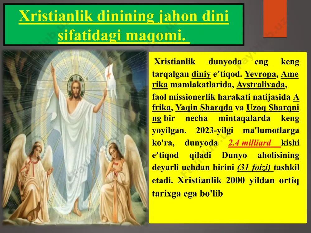 uyg'unlashib, yangi jamoalarni o'ziga jalb qildi. kitob nashriyoti va tarjimalar bibliya turli tillarga tarjima qilinishi xristianlikni turli xalqlar uchun qulay qildi. 8 muqaddas uchlik xristianlikning asosiy g'oyasi – isoning odamzodning xaloskori «messiya» ekanligi yahudiylikda mavjud bo'lib, oxiratga yaqin kelishi kutilayotgan xaloskor haqidagi ta'limotdan kelib chiqqandir. keyinchalik bu ta'limot xudoning mujassamlanishi yoki isoning ikki xil – odam va xudo mohiyati haqida «gunohni yuvish», ya'ni isoning o'zini ixtiyoriy tarzda qurbon qilishi haqidagi ta'limot bilan mustahkamlanadi. xristianlik ota-xudo, o'g'il-xudo va muqaddas ruh – uch yuzlik xudo (trinity) to'g'risidagi ta'limotni, jannat va do'zax, oxirat, isoning qaytishi haqidagi va boshqa aqidalarni o'z ichiga oladi. xristianlikning ta’limoti. xristianlikning asosiy g‘oyasi - isoning odamzodning xaloskori “messiya” ekanligi yaxudiylikda mavjud bo‘lib, oxiratga yaqin kelishi kutilayotgan xaloskor haqidagi ta’limotdan kelib chiqqandir. keyinchalik bu ta’limot xudoning mujassamlanishi yoki isoning ikki xil - odam va xudo moxiyati haqida “gunoxni yuvish”, ya’ni isoning o‘zini ixtiyoriy tarzda qurbon qilishi haqidagi ta’limot bilan mustaxkamlanadi. …