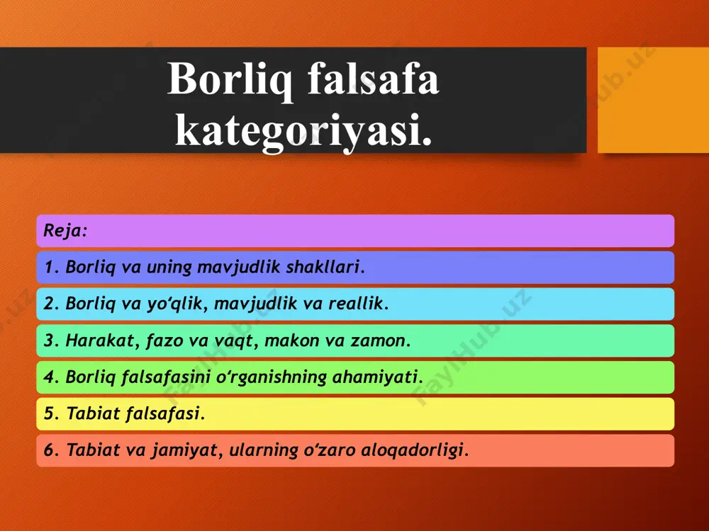 ohiyat — substansiya yotadi, deb hisoblovchi ta'limotni monizm deb atashadi. faylasuflar substansiya sifatida biror jismni, hodisani, materiyani, gʻoyani yoki ruhni olishgan. substansiya sifatida moddiy jismlarni, materiyani oluvchilar — materialistik monizm tarafdorlari. goyani, ruhni oluvchilar esa – idealistik monizm tarafdorlari hisoblanadilar. borliq falsafasi borliq tushunchasi falsafiy kategoriya sifatida bilishning yuqori bosqichi-abstrakt tafakkurgagina xos boʻlib, fikrlash jarayonida kishilar bu tushuncha orqali dunyodagi alohida narsalar, ularning konkrekt belgilari va xossalari haqida emas balki, dunyodagi barcha narsalar, voqea xodisalar, jarayonlar oʻrtasidagi eng umumiy jixat ularning realligi haqida fikr yuritadilar. borliq tushunchasi yordamida kishilar dunyoning ob'ektiv mavjudligi, uning cheksizligi, abadiyligi va bir butunligi haqida ilmiy va falsafiy tasavvurga ega boʻladilar. borliqning asosiy shakllari: tabiat borligʻi. inson borligʻi. ma'naviy borliq. ijtimoiy-sosial borliq. ma’naviy borliq madaniyat va san'at asarlari, til, ilmiy kashfiyotlar, gʻoyalar, axloq-odob qoidalari, falsafiy, estetik, badiiy, siyosiy, tafakkurlash madaniyati, ruhiy kechinmalar, diniy tasavvurlar, tushunchalar va x.k. majmui kiradi. jamiyat, shaxs, millat taraqqiyotining manbaidir. ijtimoiy borliq …