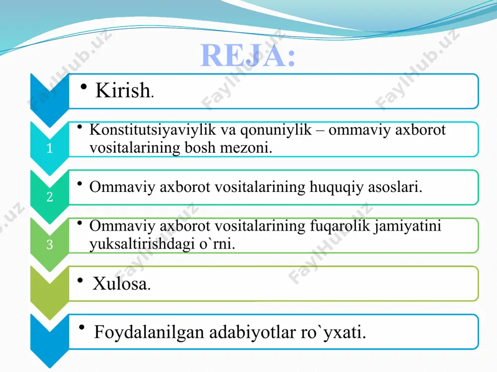 ir va qonunga muvofiq ishlaydi. ular axborotning to`g’riligi uchun belgilangan tartibda javobgardirlar. cenzuraga yo`l qo`yilmaydi”. bunday qoida ilgari o`zbekistonning birorta konstitutsiyasida, hattoki sobiq ittifoq konstitutsiyasida ham qayd etilmagan. 6 bugungi kunda ommaviy axborot vositalarining jamiyatdagi o`rnini yuksaltirish, matbuot, televidenie, radio faoliyatini yanada liberallashtirish, ularning mustaqilligi va erkinligini amalda ta`minlash masalalari hayotimizni isloh qilish va yangilash borasida oldimizga qo`ygan ustuvor vazifalardan biri etib belgilab qo`yilgan. respublikamizda ommaviy axborot vositalari erkinligi – konstitutsiyaviy tamoyillardan biri sifatida tan olindi. shunga amal qilingan holda ish olib borilmoqda. o`zbekiston respublikasi mustaqilligining dastlabki davridanoq ommaviy axborot vositalarini tom ma`noda “to`rtinchi hokimiyat” darajasiga ko`tarish borasida bosqichma-bosqich amalga oshirilayotgan uzviy islohotlar bugun ham mustahkamlanib borilmoqda. ommaviy axborot vositasi – sodir bo`layotgan voqea-hodisalar haqidagi barcha ma`lumotlarni to`plab, qayta ishlovchi va ularni yangilik-axborot sifatida ommaga etkazib turuvchi muassasadir. buni ba`zan ommaviy axborot kommunikatsiyalari ham deb ataydilar. bugungi kunda o`zida matbuot, radio va televidenie xususiyatlari hamda imkoniyatlarini mujassamlashtirgan, axborot etkazib berish …