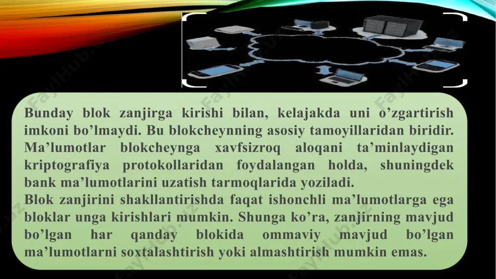 atini ochib beradi - bu haqiqatan ham markazlashtirilmagan almashish iqtisodiyotiga olib keladi. 3. kraudfanding kraudfanding - bu boshqa odamlar yoki tashkilotlarning sa’y-harakatlarini qo’llab-quvvatlash uchun o’z mablag’lari yoki boshqa manbalarini, odatda internet orqali, ixtiyoriy ravishda birgalikda yig’adigan odamlarning jamoaviy hamkorligi. kraudfanding tashabbusi rivojlanayotgan bozor iqtisodiyotini rivojlantirishga qaratilgan. odamlar mahsulot ishlab chiqarishda bevosita ishtirok etishni xohlashadi. blokcheyn bu qiziqishni yangi darajaga ko’taradi, kraudsordingli venchur fondlarini yaratishi mumkin. boshqaruv yetkazib berish zanjiri auditi fayl saqlash buyumlar interneti (iot) intellektual mulkni himoya qilish shaxs aniqlashni (identifikatsiya) boshqarish ma’lumotlarni boshqarish yerga egalik huquqini ro’yxatdan o’tkazish aksiyalar savdosi blokcheynning afzalliklari va kamchiliklari afzalliklari kamchiliklari markazsizlashtirish - tarmoq a’zolari bir-biriga teng bo’lib, to’g’ridan-to’g’ri ma’lumot almashishlari mumkin miqyoslilik – agar bitcoin blokcheyn visa tranzaktsiyalarining ulushini hisobga oladigan bo’lsa, unda uning hajmi yuzlab terabaytlarga yetadi ishonchlilik - maxsus shifrlangan kalitlardan foydalanilganligi sababli ma’lumotlarni almashtirish va xakerlarning hujumlari chiqarib tashlanadi firibgarlik - blokcheyn ma’lumotlarini qaytarib bo’lmaydi. shu sababli, operatsiya hatto …