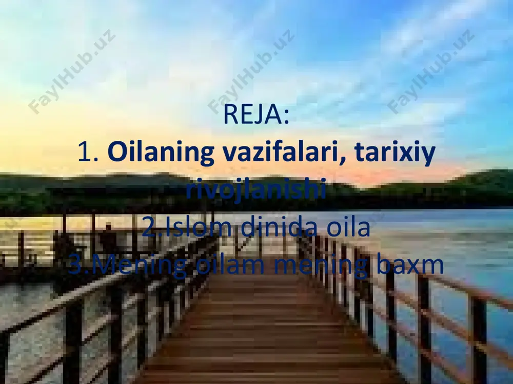 muqaddas qoʻrgʻon hisoblanib kelingan. xususan, oʻzbek o.larining serildizlik, serbutoklik xususiyatlari hozir ham saqlanib turibdi. oʻzbeklarda o.larning muayyan turmush tarzi shakllanib hayotiy tajriba orttirib borishi, tejamli va sarishta roʻzgʻor tutishi, farzandlarni odobli, maʼnaviy yetuk boʻlib kamol topishida keksalar, ota-onaning roli katta. oʻzbek o.lari oʻzlarining mustahkamligi, saranjom-sarishtaligi, bolajonligi, qarindosh-qondoshlik rishtalarini hurmat qilishi, mexr-oqibatli va boshqa qadriyatlari bilan ajralib turadi. alloh taolo insoniyat naslining nikoh yo‘li bilan davom etishini iroda qilib, o‘zining so‘nggi va mukammal dinida bunga oid barcha hukmlarni bayon etgan. shuning uchun dinimizda ushbu muqaddas robita – nikoh tufayli vujudga keladigan oilaga katta e'tibor beriladi. islom dini nikohni, oilaning sha'nini qanchalik himoya qilishini, maxluqotning gultoji bo‘lmish inson naslining davomiyligini ta'minlovchi ilohiy ko‘rsatmalar qur'oni karimda ham bosh mavzulardan biri ekanini anglash uchun niso surasidan ikki oyat va ularning tafsiri bilan tanishish kifoyadir. «erkaklar xotinlar ustidan (oila boshlig‘i sifatida doimiy) qoim turuvchilardir. sabab – alloh ularning ayrimlarini (erkaklarni) ayrimlaridan (ayollardan ba'zi xususiyatlarda) ortiq …