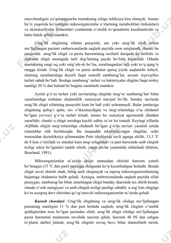 adi. keyingi yillarda aqshda chigiti mog‘orlanishga chidamli bo‘lgan g‘o‘za navlari yaratish ustida izlanishlar olib borilmoqda. bu maqsadda tekshirilayotgan chigitlar, ustki tomonidan dezinfeksiya qilinmasdan petri idishlarida suvli agarga ekilib, 13,3 0с da 8 kun o‘stiriladi va ulardan kam mog‘orlaganlari va past haroratda unib chiqish tezligi sekin bo‘lganlari tanlab olinib, yangi navlar yaratishda ishlatiladi (halion, bourland, 1981). mikroorganizmlar ta’sirida chigit unmasdan chirishi harorati yetarli bo‘lmagan (15 0с dan past) tuproqqa ekilganda ko‘p kuzatiladigan holatdir. bunda chigit suvni shimib oladi, biroq unib chiqmaydi va tuproq mikroorganizmlarining hujumiga chidamsiz bulib qoladi. ayniqsa, omborxonalarda saqlash paytida sifati pasaygan, zamburug‘lar bilan zararlangan chigit bunday sharoitda tez chirib ketadi, chunki o‘sish energiyasi va unib chiqish tezligi pastligi sababli, u sog‘lom chigitga ko‘ra uzoqroq davr chirishni qo‘zg‘atuvchi mikroorganizmlar ta’sirida qoladi. kurash choralari: urug‘lik chigitning va urug‘lik olishga mo‘ljallangan paxtaning namligini 11 % dan past holatda saqlash; urug‘lik chigitni o‘simlik qoldiqlaridan toza bo‘lgan paxtadan olish; urug‘lik chigit olishga mo‘ljallangan …