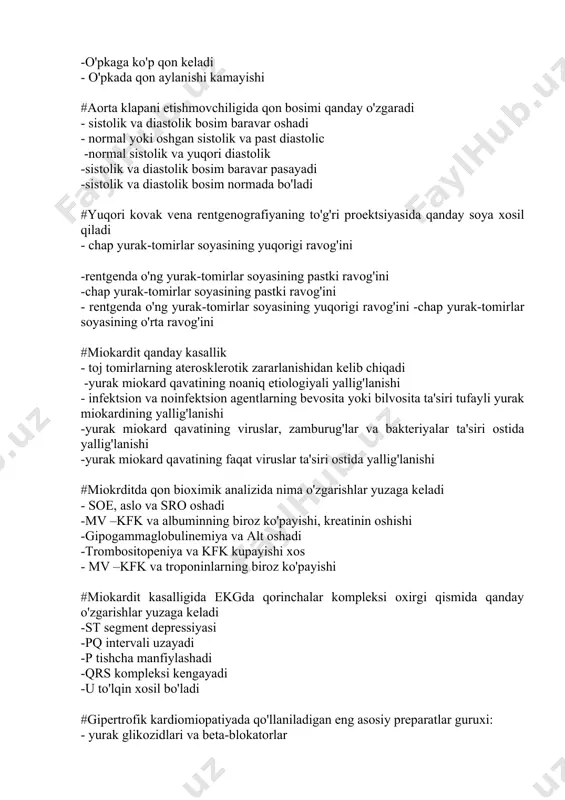 di -qrs kompleksi kengayadi -u to'lqin xosil bo'ladi #gipertrofik kardiomiopatiyada qo'llaniladigan eng asosiy preparatlar guruxi: - yurak glikozidlari va beta-blokatorlar -periferik vazodilatatorlar va metaboliklar - beta-blokatorlar va kaltsiy antagonistlari; -yurak glikozidlari va nitratlar; -yurak glikozidlari va diuretiklar #genetik etiologiyali kardiomiopatiyalar guruxiga kiradi -gipertrofik, dilatasion va restriktiv kardiomiopatiyalar - gipertrofik kardiomiopatiya va o'ng qorinchaning aritmogen displaziyasi -chap qorinchaning nokompakt miokardi, glikogen depolanishi buzilishi -mitoxondrial miopatiyalar, gipertrofik kardiomiopatiya, lenegre sindromi -dilatasion kardiomiopatiyalar, glikogen depolanishi buzilishi #miokardning noaniq etiologiyali, asosan kardiomegaliya va yurak etishmovchiligi bilan kechuvchi kasalliklari -miokardodistrofiyalar -perikarditlar -miokarditlar -tug'ma yurak nuqsonlari - kardiomiopatiyalar #ekgda chap qorincha gipertrofiyasi va zo'riqishi belgilari, infarktsimon "patologik" q tishcha standart va chap ko'krak ulanishlarida aniqlandi. qaysi kasallikka xos? -kardiomiopatiya -miokard infarkti -bakterial endokardit -virusli miokardit -konstriktiv perikardit #miokardning endomiokardial fibrozi bilan kechadi, miokard rigidligi tufayli uning devorlari cho’zilmaydi va qon bilan yaxshi to'lmaydi. bu qaysi kasallikka xos -gipertrofik kardiomipatiya -ekssudativ perikardit -yurak tamponadasi - restriktiv kardiomiopatiya …
