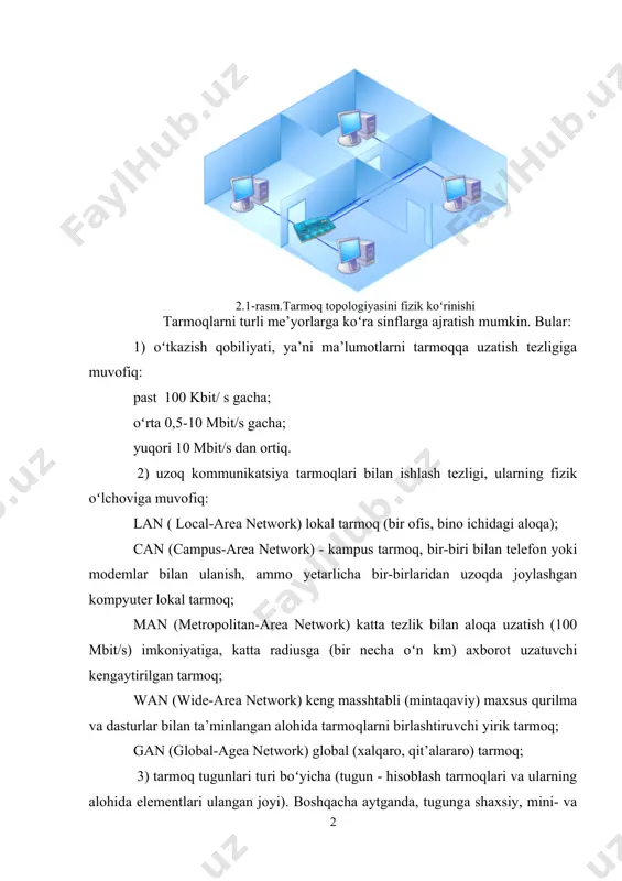 axborot uzatuvchi kengaytirilgan tarmoq; wan (wide-area network) keng masshtabli (mintaqaviy) maxsus qurilma va dasturlar bilan ta’minlangan alohida tarmoqlarni birlashtiruvchi yirik tarmoq; gan (global-agea network) global (xalqaro, qit’alararo) tarmoq; 3) tarmoq tugunlari turi boʻyicha (tugun - hisoblash tarmoqlari va ularning alohida elementlari ulangan joyi). boshqacha aytganda, tugunga shaxsiy, mini- va katta kompyuterlar, alohida tarmoq ham kiradi. masalan, umumiy foydalanish tarmoqlaridagi alohida kompyuterlar (boshqachasiga ularni stantsiyalar deb ham yuritishadi) tugunlarga misol boʻla oladi. unchalik katta boʻlmagan alohida tarmoqlar kampus tarmogʻi uchun tugun boʻladi. 4) tugunlar munosabatiga koʻra: bir xil rangli (peer-to-peer), uncha katta boʻlmagan, bir xil mavqega ega kompyuterlar (bu erda hamma kompyuterlar ham «mijoz», ya’ni tarmoqning oddiy foydalanuvchisi, ham «server», ya’ni tarmoq foydalanuvchilariga xizmat koʻrsatishni ta’minlovchi boʻlishi mumkin). masalan, windows 95 os tarmogʻi tarqatilgan (distributed) tarmoqlar. bunda serverlar tarmoq foydalanuvchilariga xizmat koʻrsatadi, biroq tarmoqni boshqarmaydi; server (server based) yoki markazlashgan boshqarishga ega tarmoqlar. bu erda tarmoqning bosh elementi serverdir. qolgan tugunlar …