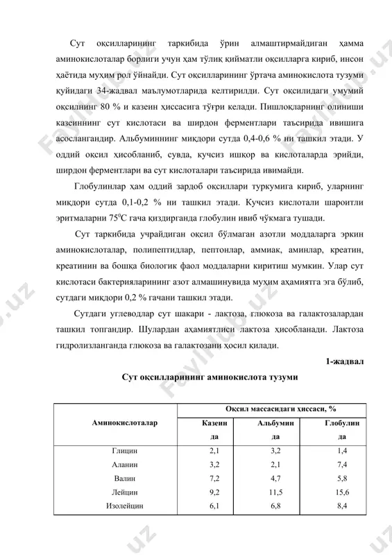 тирок этади, йод эса қалқонсимон без гармони-тироксин таркибига киради. шунингдек темир ҳам қон гемоглабини ва баъзи ферментлар таркибига киради. янги соғиб олинган сут таркибида бир қанча ферментлар борлиги аниқланган. қуйида ана шу ферментлар ҳақида маълумот берамиз. липаза ферменти ёғларни глецирин ва эркин ёғ кислоталарига парчалайди. фосфатаза ферменти фосфат кислотасининг эфирларини парчалайди. бу ферментларнинг асосий тури ишқорли фосфатаза рн 9 га тенг бўлган шароитда энг фаол ҳисобланади, кислотали фосфотазанинг фаоллиги эса рн 4,5 га тенг бўлган шароитда энг юқори ҳисобланади. бу ферментлар пиширилмаган сутда албатта бўлади. сутларни пастеризациялаш жараёнида эса бу фермент парчаланиб инактивацияга учрайди. фосфатаза ферментига реакция орқали сут пастеризация қилинган ёки пастеризация қилинмаганлиги ҳақида хулоса қилиш мумкин. протеаза ферментлари асосан оқсил молекулаларини парчалайди. сутда бу ферментнинг кўпчилик қисми микроорганизмлар томонидан ишлаб чиқилади. пероксидаза ферменти ҳам сутда учрайдиган ферментлардан бири ҳисобланади. бу фермент водород пероксидини парчалайди, натижада актив ҳолатдаги кислород ҳосил бўлади. сутда пероксидаза ферментининг бўлиши, ачитилган сут маҳсулотлари ишлаб …