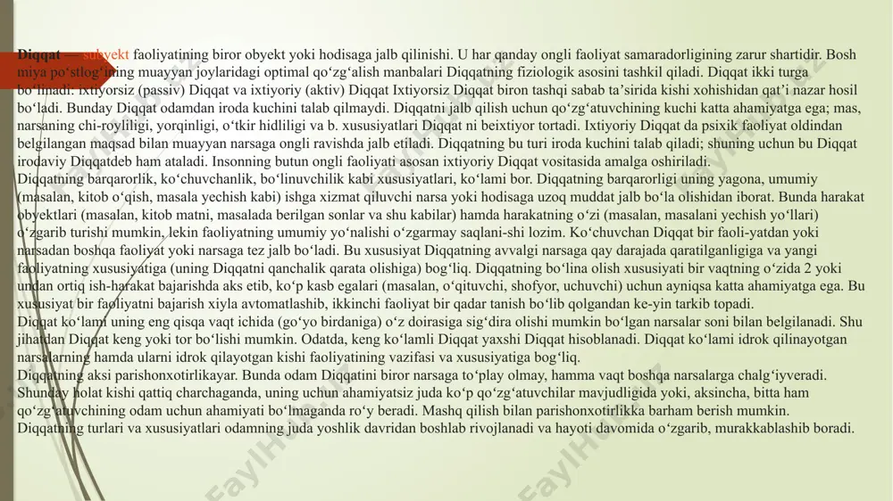 tez jalb boʻladi. bu xususiyat diqqatning avvalgi narsaga qay darajada qaratilganligiga va yangi faoliyatning xususiyatiga (uning diqqatni qanchalik qarata olishiga) bogʻliq. diqqatning boʻlina olish xususiyati bir vaqtning oʻzida 2 yoki undan ortiq ish-harakat bajarishda aks etib, koʻp kasb egalari (masalan, oʻqituvchi, shofyor, uchuvchi) uchun ayniqsa katta ahamiyatga ega. bu xususiyat bir faoliyatni bajarish xiyla avtomatlashib, ikkinchi faoliyat bir qadar tanish boʻlib qolgandan ke-yin tarkib topadi. diqqat koʻlami uning eng qisqa vaqt ichida (goʻyo birdaniga) oʻz doirasiga sigʻdira olishi mumkin boʻlgan narsalar soni bilan belgilanadi. shu jihatdan diqqat keng yoki tor boʻlishi mumkin. odatda, keng koʻlamli diqqat yaxshi diqqat hisoblanadi. diqqat koʻlami idrok qilinayotgan narsalarning hamda ularni idrok qilayotgan kishi faoliyatining vazifasi va xususiyatiga bogʻliq. diqqatning aksi parishonxotirlikayar. bunda odam diqqatini biror narsaga toʻplay olmay, hamma vaqt boshqa narsalarga chalgʻiyveradi. shunday holat kishi qattiq charchaganda, uning uchun ahamiyatsiz juda koʻp qoʻzgʻatuvchilar mavjudligida yoki, aksincha, bitta ham qoʻzgʻatuvchining odam uchun ahamiyati boʻlmaganda …