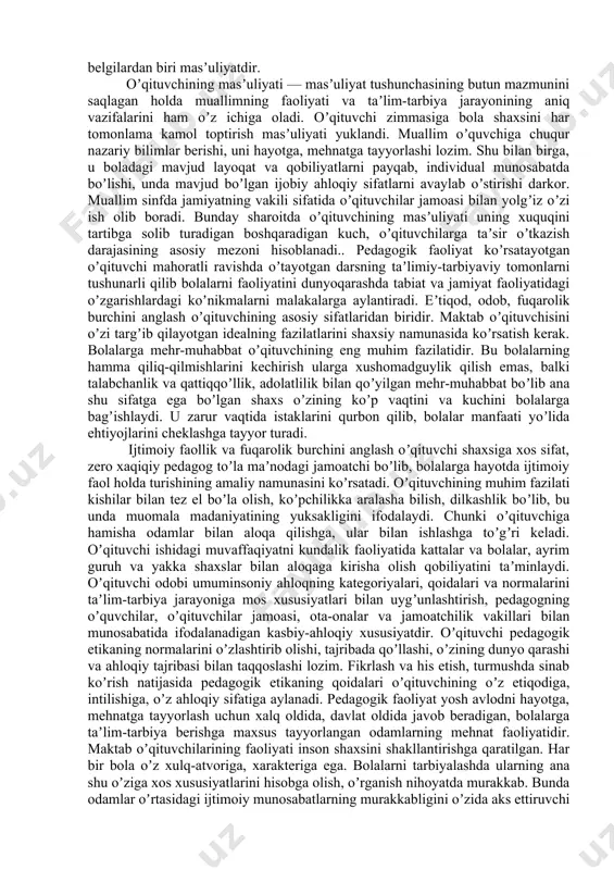 tga ega pedagogik ijodkorlikning asosiy mohiyati, pedagogik faoliyatining maqsadi va xarakteri bilan bogʼliq. pedagogik faoliyat kishi shaxsini, uning dunyo qarashini, eʼtiqodini, ongi, xulq-atvorini shakllantirishdek umumiy maqsadga boʼysungan son-sanoqsiz pedagogik masalalar yechish jarayonidir. oʼqituvchi faoliyatidagi ijodkorlik ana shu masalalarni yechish usullarida, ularni hal qila olish yoʼllarini qidirib topa bilishlarida ifodalanadi. pedagogik ijodkorlik manbai — boʼlgan pedagogik tajribadir. pedagogik tajriba muammoli vaziyatlarga juda boydir. ilgʼor pedagogik tajriba deganda biz oʼqituvchining oʼz pedagogik vazifasiga ijodiy yondashishini, oʼquvchilar taʼlim-tarbiyasining yangi, samarali yoʼl va vositalarini qidirib topishni tushunamiz. ilgʼor pedagogik tajriba oʼqituvchi tomonidan qoʼllanadigan ish shakli va usullari, uslub va vositalaridir. ular vositasida oʼquv-tarbiyaviy ishlarni eng yuqori natijalariga erishiladi. ilgʼor pedagogik tajribani oʼrganish, unga asoslanib yangi pedagogik hodisa va qonuniyatlarni ochish, oʼquv-tarbiya jarayoniga yaxshi sifatli oʼzgarishlar kiritish, oʼquvchilarning bilim faoliyatini boshqarish, yangi koʼrinishdagi oʼquv jarayonini modellashtirish muammolarini yechishga sabab boʼladi. ijodiy ishlaydigan oʼqituvchi faqatgina bolalarni muvaffaqiyatli oʼqitish va tarbiyalash, ilgʼor oʼqituvchilar tajribalarini oʼrganish bilangina cheklanib …