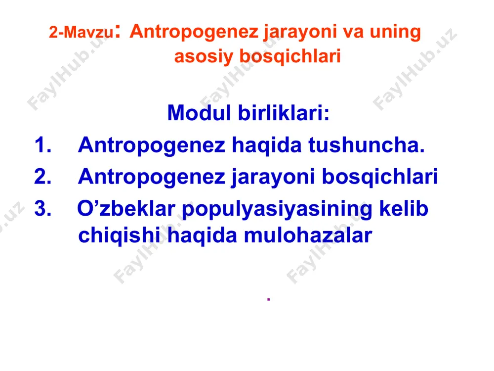 a undan yevropaga o’tgan deb taxmin qilinadi 1. dryopithecus – ikki turi mavjud bo’lib, ulardan biri ikkinchisidan gavdaliroq bo’lgan. ular yashgan davri o’rta va so’nggi miotsen, vatani – yevropa. 2. proconsul- oldingi gominidlardan kattaligi bilan farqlanadi, yuzining oldinga bo’rtib chiqqanligi bilan shinpanzega o’xshab ketadi. 3. limnopithecus – kichkina bo’lib, ko’p jihatdan gibbonlarni eslatadi.ular davri –ilk va o’rta miotsen, vatani sharqiy afrika. 4. rangwapithecus –yuqori uzun qoziq tishli, gavda hajmi har xil. sharqiy afrikada yashagan. ramapiteklar (15-7 mln. yillar)afrika, yevropa va osiyoda yashagan. ramapitek maymunga o’xshash jonzot bo’lib, bo’yi 1,2 m bo’lgan. ular ochiq joylarda yashab, termachilik bilan kun kechirganlar. ramapiteklar o’z ko’rinishlari bilan gominidlarning dastlabki vakillari bo’lsalarda, odamlarning odamlari emas. olimlarning fikricha ular orangutanlarga yaqin bo’lgan. avstrolopitek –odamning eng qadimgi va ancha sodda turi. (lotincha “auctralis”- janubiy+”pitekos”-maymun) ramapitek va avstrolopitekning tropik o’rmonlardagi izlari (1,5-1 mln. yil avval) aniqlangan. bo’yi 1,5 m, og’irligi 70 kg gacha. tik yurishi, tishlarining tuzilishi jihatidan …