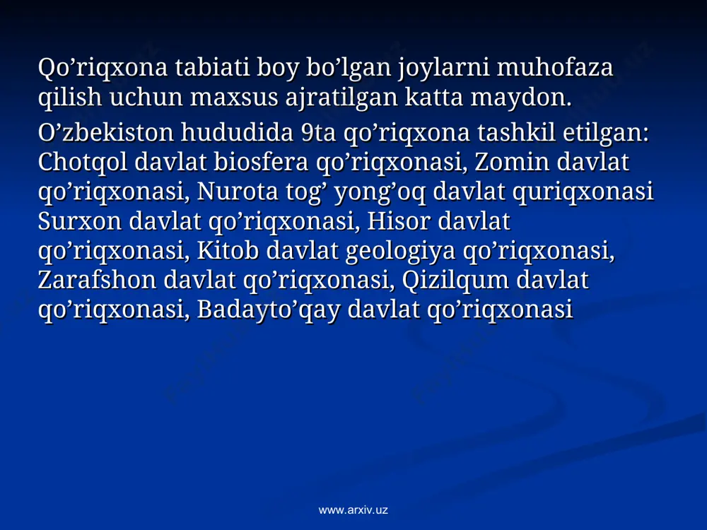 g soni 2 mingdan ortiq. qo‘riqxona qushlaridan qirg‘ovul va burgut alohida muhofaza qilinadi. sutemizuvchilardan ingichka barmoqli yumronqoziq, malla yumronqoziq, qum sichqoni, qo‘shoyoq; yirtqichlardan chiyabo‘ri, tulki, to‘qay mushugi va qum mushugi, bo‘ri uchraydi. shuningdek, bu yerda 200 ga yaqin yovvoyi cho‘chqa va buxor bug‘usi yashaydi. qo‘riqxona tashkil qilingan paytda hammasi bo‘lib 6 bosh buxor bug‘usi bor edi. www.arxiv.uz www.arxiv.uz www.arxiv.uz www.arxiv.uz hozirgi vaqtda ularning soni yuzdan oshib ketdi. buxor bug‘usi alohida muhofaza qilinadi, qish faslida qo‘shimcha oziqlantiriladi. qo‘riqxonaning qumli uchastkasida ba’zan jayron ko‘rinib qoladi. shunday qilib, qizilqum qo‘riqxonasi kamdan-kam uchraydigan original, tabiiy laboratoriyadir. qo‘riqxonaning asosiy vazifasi inson qo‘li tegmagan landshaftlar, amudaryo to‘qaylari va tutashib turgan cho‘l landshaftlarining o‘rganish va saqlash, shuningdek, buxor bug‘usi, jayron va amudaryo qirg‘ovuli ekologiyasini o‘rganish va muhofaza qilish usullarini ishlab chiqishdan iborat. www.arxiv.uz www.arxiv.uz www.arxiv.uz www.arxiv.uz davlat biosfera qo‘riqxonasi mamlakatimizdagi eng birinchi tashkil qilingan qo‘riqxonalardan hisoblanadi. qo‘riqxona 1947-yilda toshkent viloyatining parkent tumanida chotqol tog‘larining g‘arbiy qismida 35,2 …