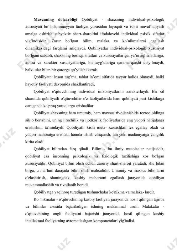 lanishiga aytiladi. u o'qituvchining kasbiy faoliyatida ham yorqin namoyon bo’ladi. kasbiy faoliyatning ta’lim mazmunini belgilovchi sifatlari o'qituv​chining ijodkorligida namoyon bo’ladi. ijodkorlik - bu sifat jihatidan yangi, original va takrorlanmas biror yangilikni paydo qiluvchi faoli- yatdir. mahsuldor ijodkorlikda belgilangan har qanday muammo muvaf​faqiyatli hal qilinadi; ijod qilishga layoqatli bo’lgan о’qituvchilarning asosiy qismida bu jihatlar namoyon bo’ladi. evristik ijodkorlik, jamiyatda ro’y berayotgan kasbiy faoliyatga oid yangiliklami dadil o’zlashtirish va targ’ib qilishni anglatadi, ya’ni uning asosida g’oyalar (farazlar) hosil qilish jarayonini intensifikatsiya qilish va ularning haqiqatga yaqinligini (ehtimolligini, ishonchliligini) izchil amalga oshirish va bunda yangi holatda dadil harakat qilish qobiliyati, fikrlash jarayoni asosida tafakkumi rivojlantirish kuzatiladi. kreativ ijodkorlikda 0’qituvchi ijtimoiy ahamiyatga ega bo’lgan yangi nazariyalarni yaratadi, o’z fikrlari va takliflari bilan chiqadi, mohir va tajrxbali, layoqatli o’qituvchilargina bunga erishishi mumkin. tabiiy anatomik-fiziologik layoqat nishonalari qobiliyatlaming fiziologik asosini tashkil etadi. keyinchalik qobiliyatga aylanadigan layoqat nishonalarining majmui insonning is/e 'dodi deyiladi. insondagi bilish va layoqat …