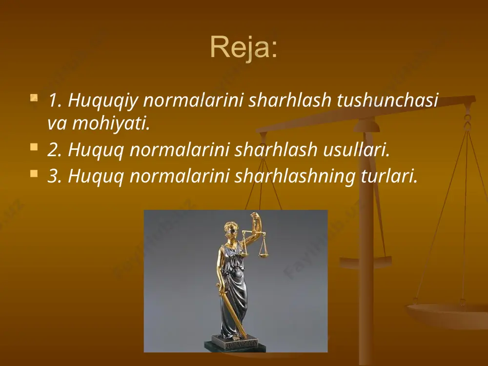 ajralib turadi. sharxlash sharxlash – huquqning mazmunini aniqlashdir, deb, xisoblash – huquqni tushuntirib berish kabi maxsus faoliyatni inkor etishdir. shuningdek, sharxlashni faqat huquqni mazmunini tushuntirib berish, deb xisoblash, har qanday tushuntirishga taaluqli bо`lgan fikrlash va bilish jarayonini inkor etishdir. biror narsaning mazmunini boshqalarga tushuntirib berishdan avval, uning о`zini yaxshilab tushunib olmoq lozim. shuning uchun aniqlash va tushuntirish huquqni sharxlash jarayonining о`zaro bog`liq ikki tomonidir. sharxlash iborasi lotincha interpratatsiya tushunchasiga tо`g`ri keladi. huquqni sharhlash bilan shug`ullanuvchi shaxs esa sharxlovchi deb yuritiladi. sharxlashning birinchi belgisini aniqlash deyish mumkin. shunday qilib, sharxlash normativ aktlarda berilgan ibora va atamalarni ahamiyati va mazmunini aniqlash orqali huquq normalarining mazmunini aniqlab olishdir. sharxlash – aniqlash sharxchining ongidan tashqariga chiqmaydigan bilish jarayonini ifoda etadi. u sharxlashning bilish tabiatini kо`rsatadi. huquqni sharxlash – uning mazmuni, maqsadi, ijtimoiy vazifasi, amaliy ahamiyatini aniqlash va tushuntirib berishdir. huquqni sharxlash – uning mazmuni, maqsadi, ijtimoiy vazifasi, amaliy ahamiyatini aniqlash va tushuntirib berishdir. sharxlash …