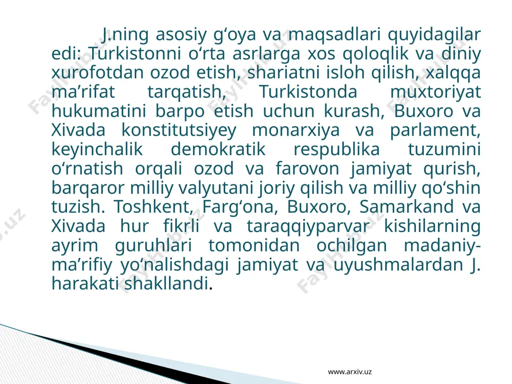 asida otilib, vagankovo qabristoniga pinhona koʻmildi. jadid adabiyoti davri (1905—1930 yillar), jadidchilar: www.arxiv.uz abdulla avloniy abdulla avloniy 1878 yil 12 iyulida toshkentda mergancha mahallasida tugʻildi. madrasa taʼlimini oldi. soʻfizoda muhammadsharif muhammadsharif soʻfizoda 1880 yilda chustda hunarmand oilasida tugʻildi. tavallo toʻlagan xoʻjamyorov tavallo 1883 yili koʻkcha dahasida dunyoga keldi. „beklarbegi“ madrasasida, rus-tuzem maktabida oʻqidi. 1910-yillardan vaqtli matbuotda sheʼr va maqolalari bosila boshlagan. 1914 yili toshkentda „nashriyot“ shirkatini tuzishda ishtirok etadi. 1915 yilda esa „turon“ jamiyatida faoliyat koʻrsatadi. hoji muin hoji muin milliy uygʻonish davri samarqand adabiy muhitining samarali ijod etgan isteʼdodli vakili, jurnalist, shoir, dramaturg va tarjimon. sidqiy hondayliqiy www.arxiv.uz sidqiy hondayliqiy sidqiy xondayliqiy 1884 yilda tugʻildi. 1903 yilda oʻqishni davom ettirish niyatida toshkentga keladi. ayni paytda sheʼr mashq qila boshlaydi. tarjima bilan shugʻullanadi. abdurauf fitrat fitrat oʻrta osiyo jadidchilik harakatining mashhur vakillaridan, yangi oʻzbek adabiyotining asoschilaridan, usuli jadid maktablarining nazariyotchisi va amaliyotchisi, dramaturg, nosir, shoir va olim. hamza hakimzoda niyoziy …
