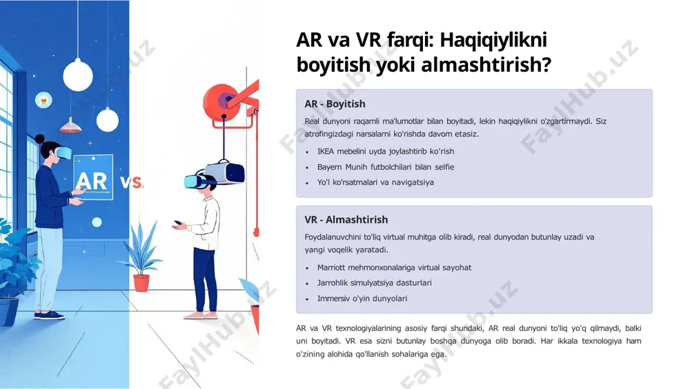 rish. jarrohlik amaliyotlari paytida navigatsiya tibbiy talabalar uchun virtual amaliyot bemor ma'lumotlarini real vaqt ko'rsatish savdo va marketing kiyim va mebelni virtual sinash, xaridorlarga qulaylik yaratish, mahsulot haqida qo'shimcha ma'lumot berish. mijozlar uydan chiqmasdan ham xarid qilish tajribasini yaratish. sanoat va ishlab chiqarish montaj va texnik xizmat ko'rsatishda real vaqt ko'rsatmalar berish. ishchilar murakkab qurilmalarni yig'ishda ar orqali bosqichma-bosqich yo'riqnomalarni ko'rishlari mumkin. mashhur ar ilovalari va loyihalari ikea place ikea kompaniyasining ar ilovasi mijozlarga mebelni o'z uylariga joylashtirib ko'rish imkoniyatini beradi. mebel o'lchamlari va ranglari real vaqtda ko'rsatiladi. ilova 2017-yilda ishga tushirilganidan beri millionlab foydalanuvchi tomonidan yuklab olingan. pokemon go niantic kompaniyasining ushbu o'yini arni ommalashtirgan eng muhim loyihadir. dunyo bo'ylab millionlab o'yinchilarni jalb qilgan bu o'yin real dunyoda pokemon qidirishga undadi. o'yin 2016- yilda ishga tushirilganidan beri 6 milliard dollardan ortiq daromad keltirdi. land rover ar tizimi land rover kompaniyasining "transparent hood" texnologiyasi haydovchilarga avtomobil motorini shaffof kapot orqali …
