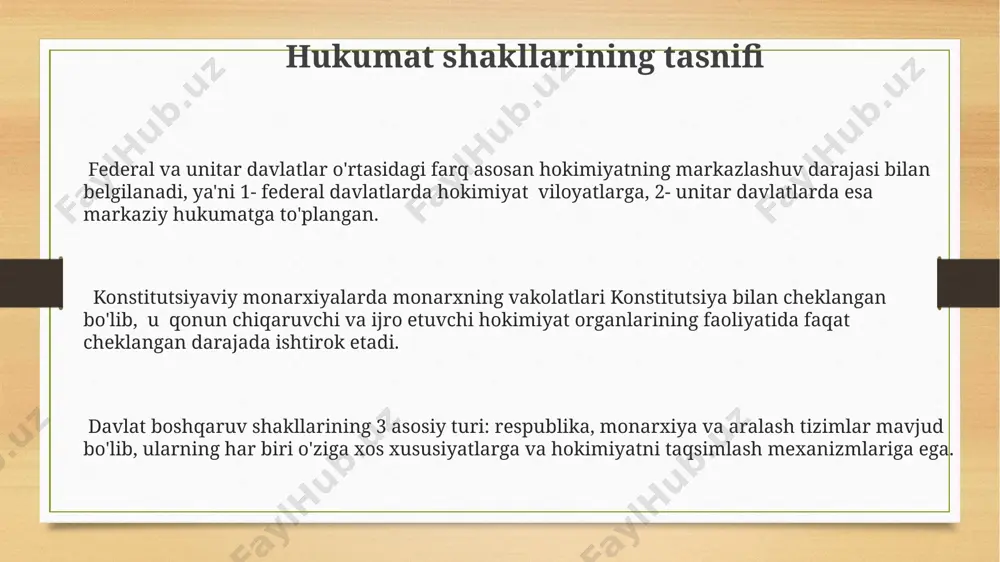 soslarga ega boʻlsa, hukumat shakli konstitutsiya doirasida aniqroq tartibga solinadi. davlat shakli tushunchasi davlat shaklining 3 ta asosiy elementi: hokimiyatning tashkil etilishi, hokimiyatning taqsimlanishi va hokimiyatni amalga oshirish uslubi, bu omillar davlatning tuzilishi va faoliyatini aniqlaydi. konstitutsiyaviy monarxiyalar singari aralash davlat shakllari ham mavjud bo’lib, ular monarx va saylangan organlar o’rtasida hokimiyatni taqsimlashni o’z ichiga oladi, bu 2 ta asosiy tuzilmaning elementlarini birlashtiradi. davlat shakli – bu davlatning siyosiy tuzumini, uning asosiy organlarining tuzilishi va ularning o’zaro munosabatlarini, shuningdek, hokimiyatning taqsimlanishini aks ettiruvchi xususiyatlar majmuidir, masalan, prezidentlik yoki parlament respublikalari. e'tiboringiz uchun rahmat @taqdimot_robot image3.png image4.png