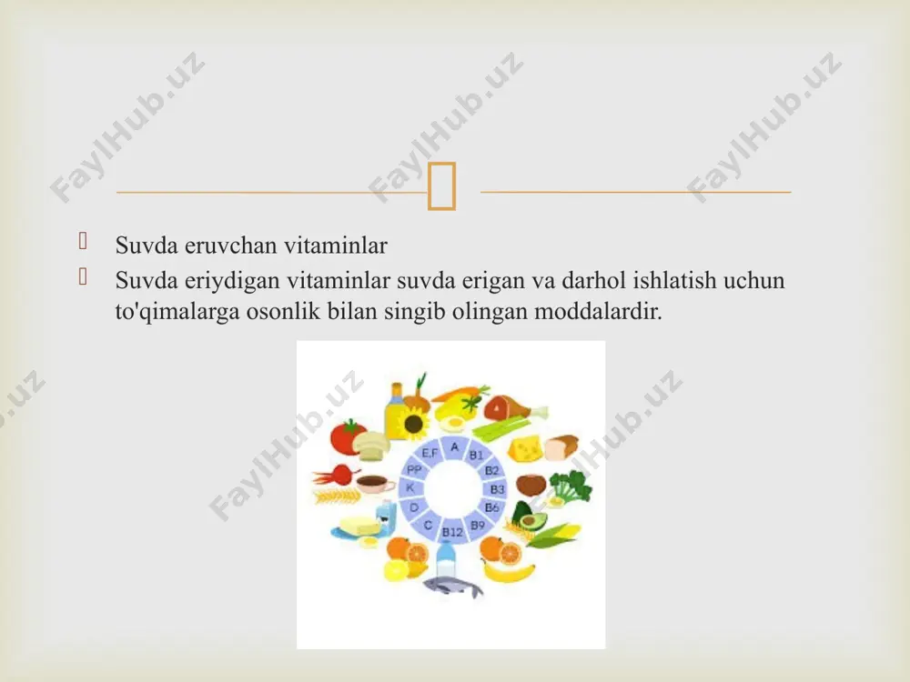 amin tabiiy antioksidant bo'lib, uni organizmdagi hujayralar va jarayonlarga etkazilgan zararni himoya qilish va davolashga imkon beradi. e vitamini etarli bo'lsa, saraton xavfini kamaytiradi va immunitetni oshiradi. siz o'simlik moylari, bug'doy mohiyati, yong'oq, tuxum sarig'i, bargli sabzavotlardan vitamin olishingiz mumkin.  yog'da eriydigan vitaminlar haqida eng aniq ma'lumot stoldir. bu turlar a, d, e, k vitaminlari kabi turlarni o'z ichiga oladi. bu moddalar o'zidan ma'lumki, bu moddalar nafaqat organik eritgichlarga singib ketishi va so'rilishi mumkin - bu jihatdan suv unchalik kuchsiz. ushbu vitaminlar juda muhim funktsiyaga ega: birinchi navbatda, suyak va epiteliyal to'qimalarning o'sishi, qayta tiklanishi, terining elastikligi va sochning sog'lig'i uchun mas'uldir. yoshlar va go'zallikni saqlab qolish uchun olinadigan yog'da eriydigan vitaminlar. terini qayta tiklash va sochni tiklash uchun mo'ljallangan kosmetikaning ko'pgina tarkibi, bu vitaminlardir.  image3.png image4.png image5.png image6.png image7.png image8.png image9.png image10.png image11.png image12.png